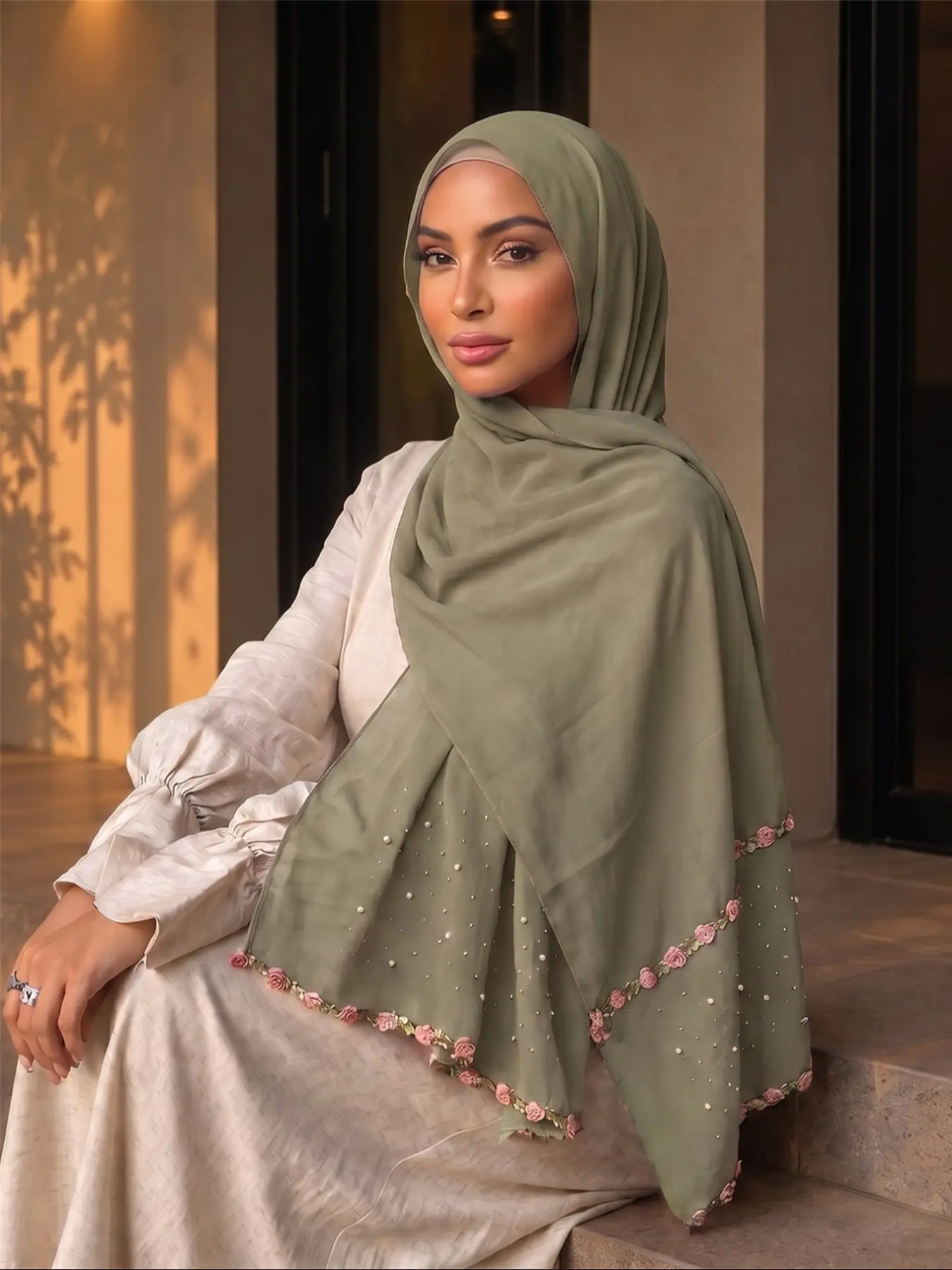 70x170 Olive Rose Rhinestone Chiffon Headscarf, Lightweight Breathable Hijab, Modesty Hijab Wrap, Muslim Cover-Up, Abaya Scarf, Casual Style