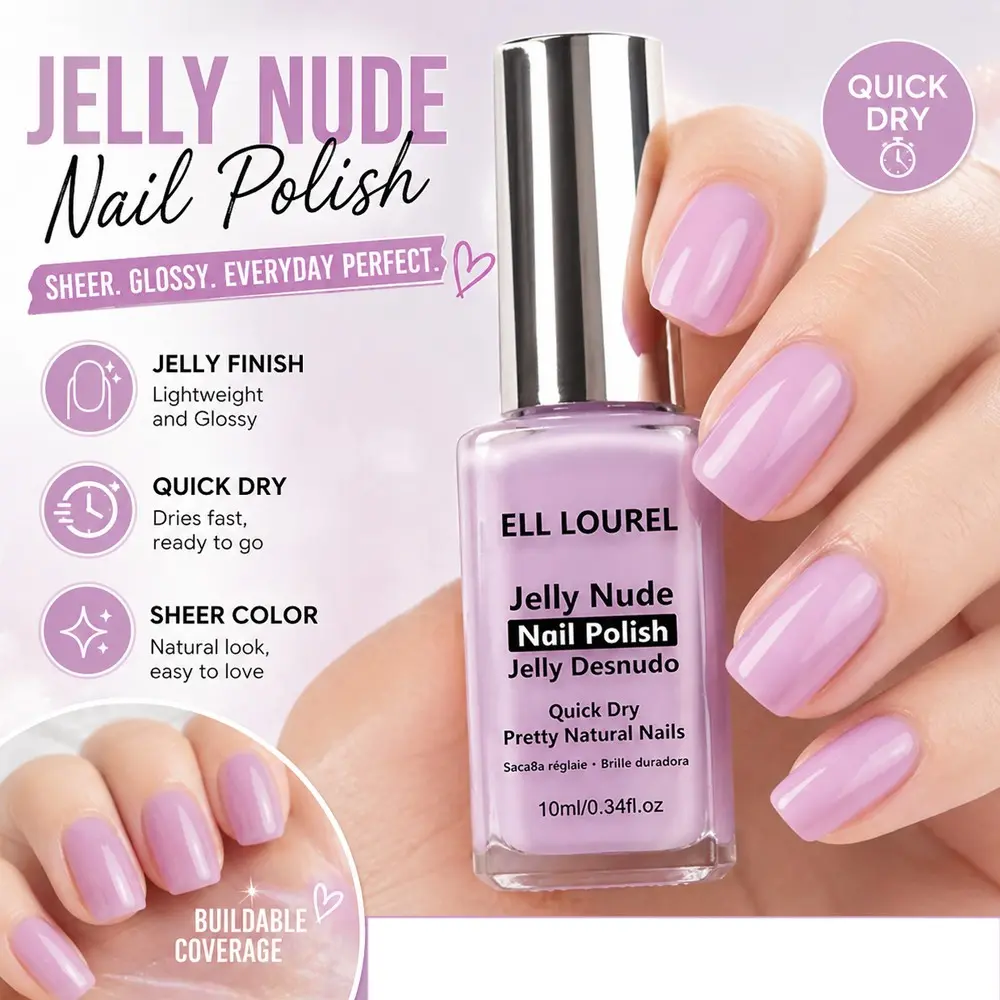 ELL LOUREL Jelly Nude Jelly Desnudo Quick Dry Nail Polish 10ml, Soft Jelly Lavender Shade, Secado rápido & Brillo duradero, Natural Glossy Finish, Calcium Infused Formula, Smooth Application, Ideal Daily Manicure & Holiday Gift