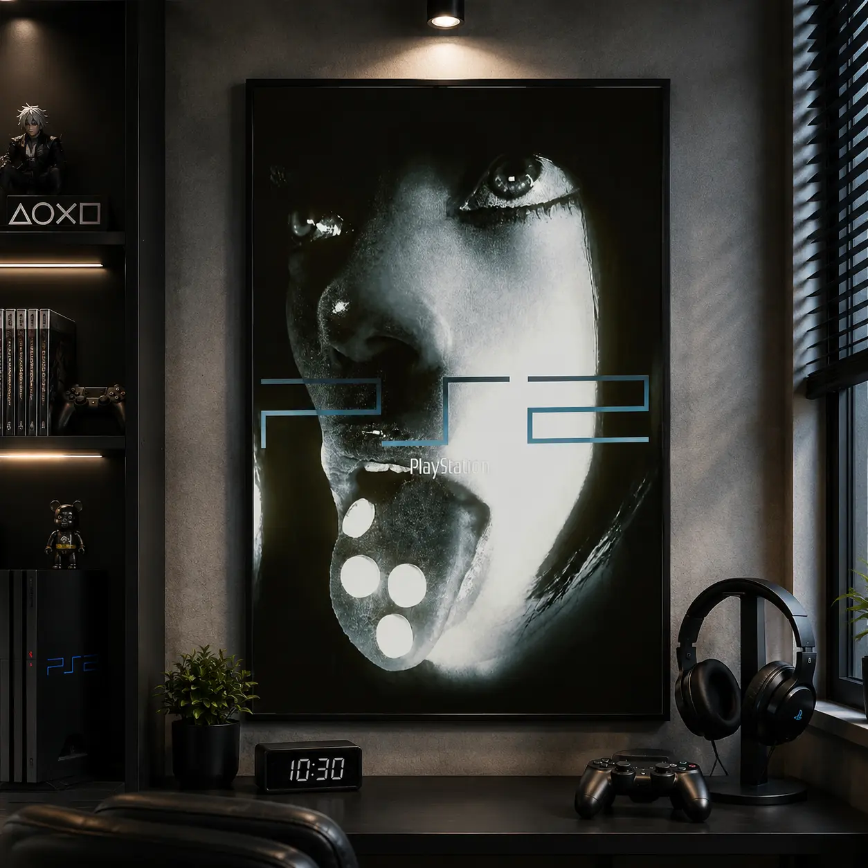 PlayStation 2 Horror Canvas Wall Art Poster PS2 Gaming Aesthetic Dark Retro Console Inspired Print HD Bedroom Living Room Office Man Cave Decor Gift for Gamers Glitch Style Creepy Eye Close Up