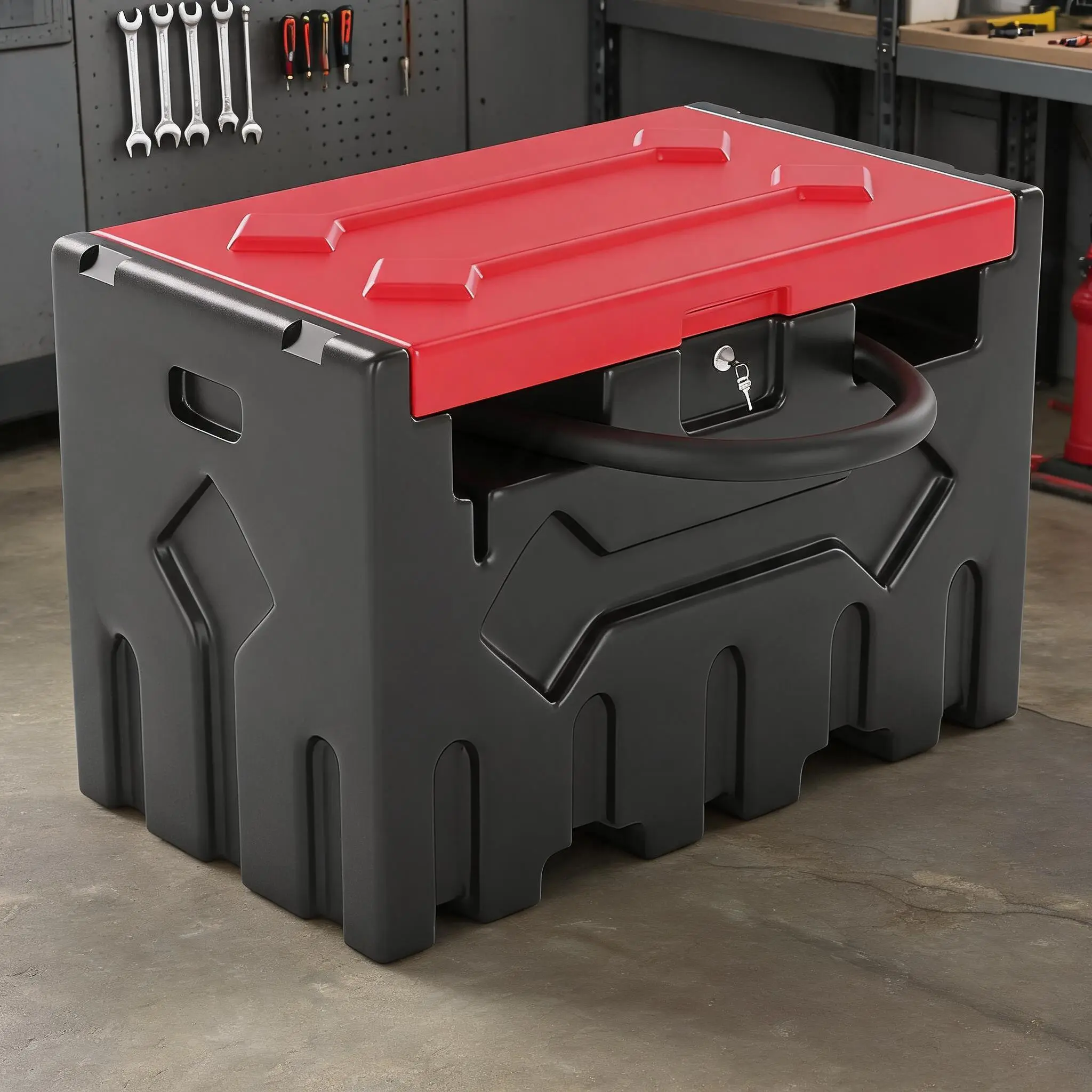 52-Gallon Rotomolded Diesel Fuel Tank, 192 Litres, HDPE, Black with Red Lid, Red with Grey Lid