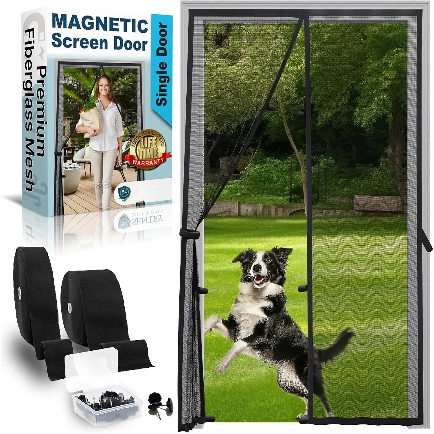 Fiberglass Mesh  Screen Door – Heavy Duty Self-Closing  Door Net Screen with  Closures – Fits Doors Up to 34"x82" – Black – by