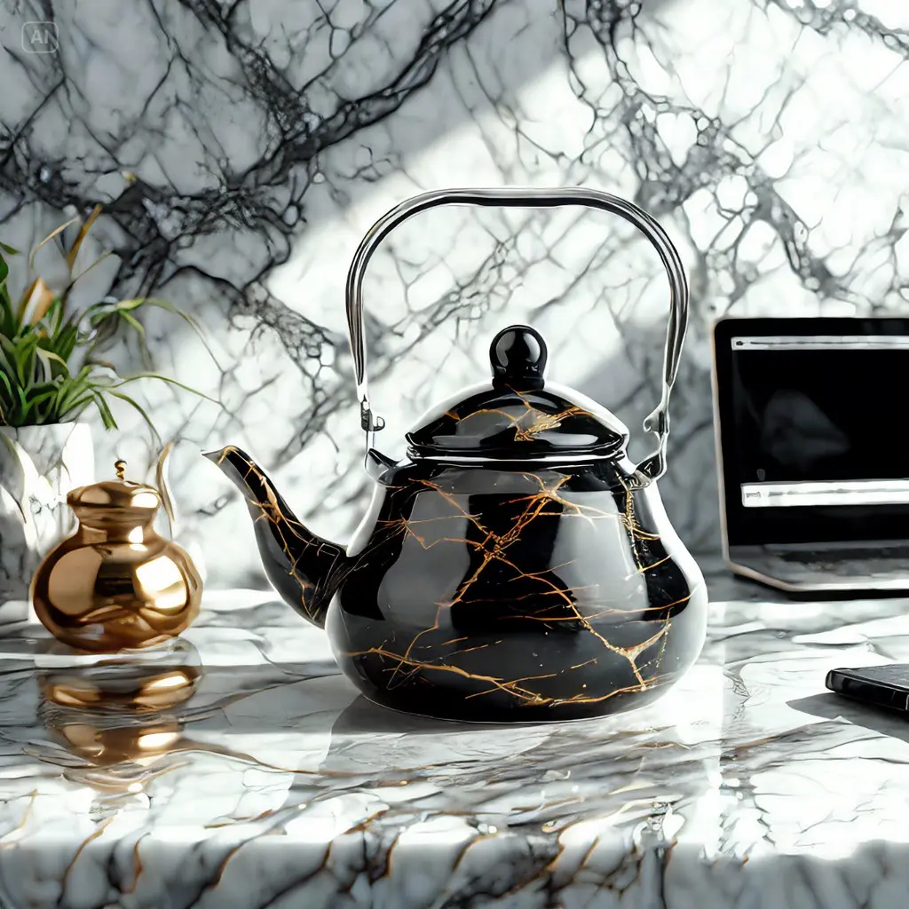 1pc Marble Pattern Mirror Finish Pear-Shaped Teapot, Vintage Enamel Pot, Water Kettle, Coffee Maker, Tea Set Accessory, Suitable for Restaurant, Home, Office