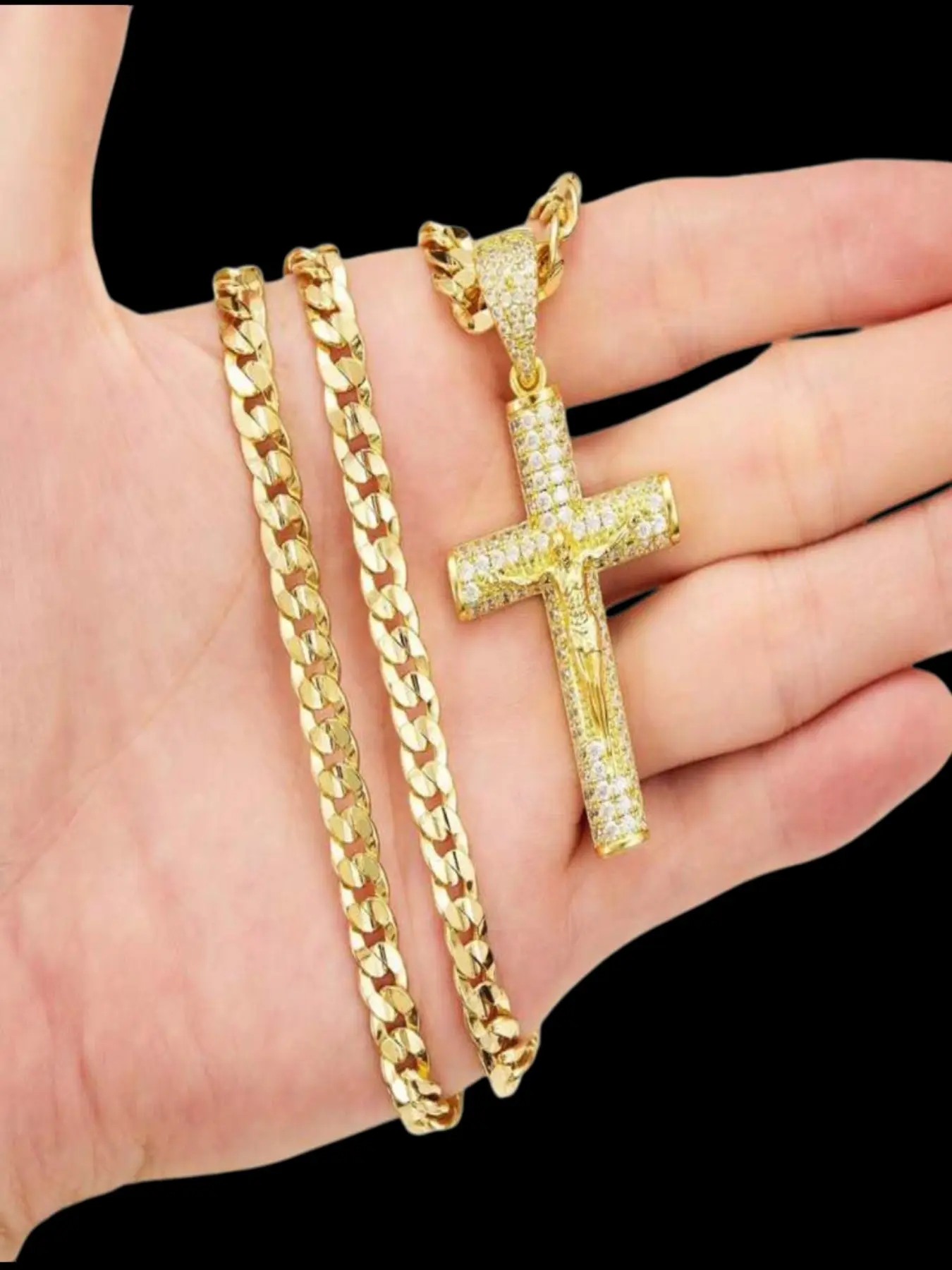 Men's Shiny Cross Necklace with Glitter Cross Crystal Jesus Pendant, Luxury Zircon Copper Chain Necklaces, Christian Jewelry for Holidays and Gifts