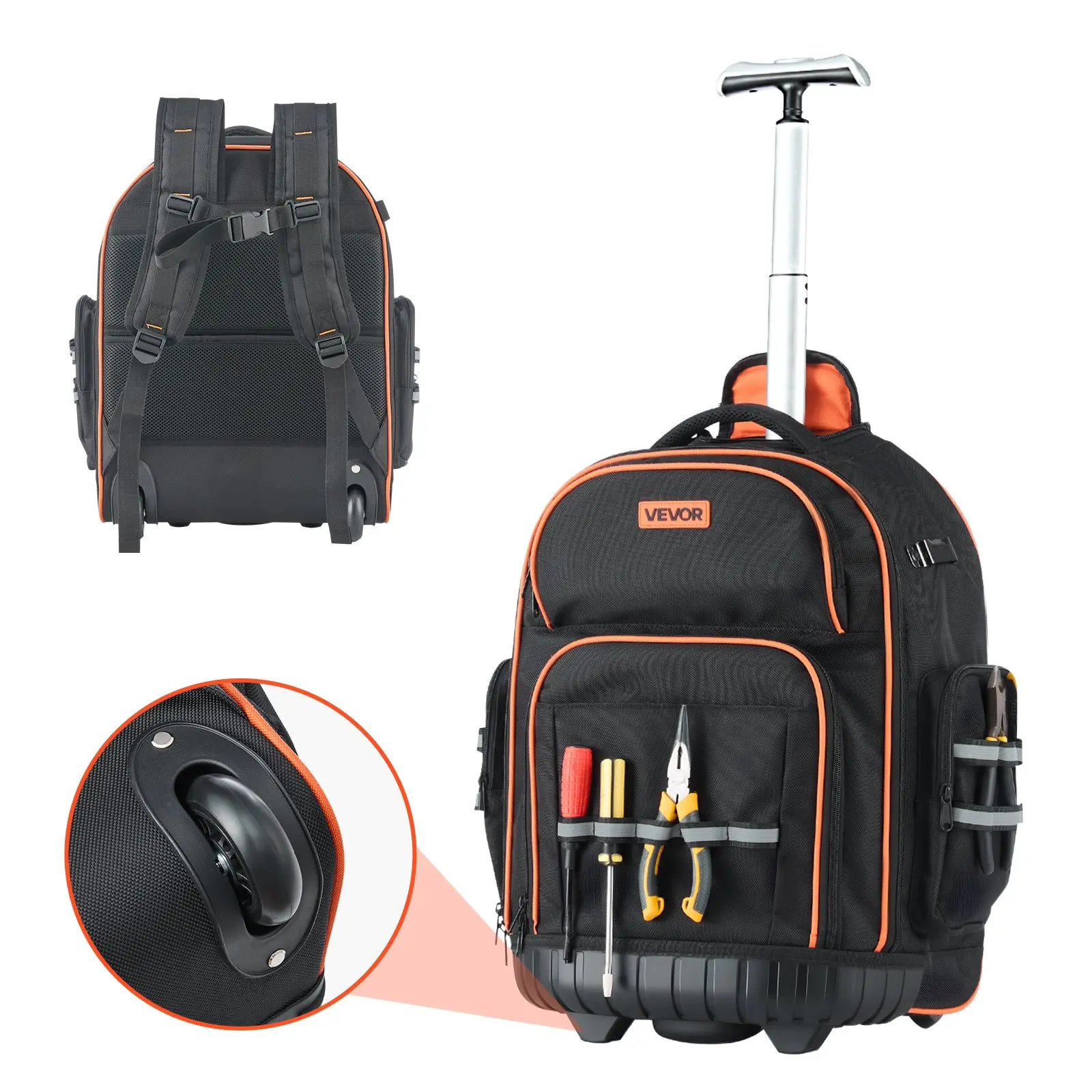 VEVOR Heavy-Duty Rolling Backpack, 110lb Load Capacity, 45-Pocket Wheel Bag with Adjustable Telescoping Handle & Plastic Base, Polyester Organizer for Construction Professionals