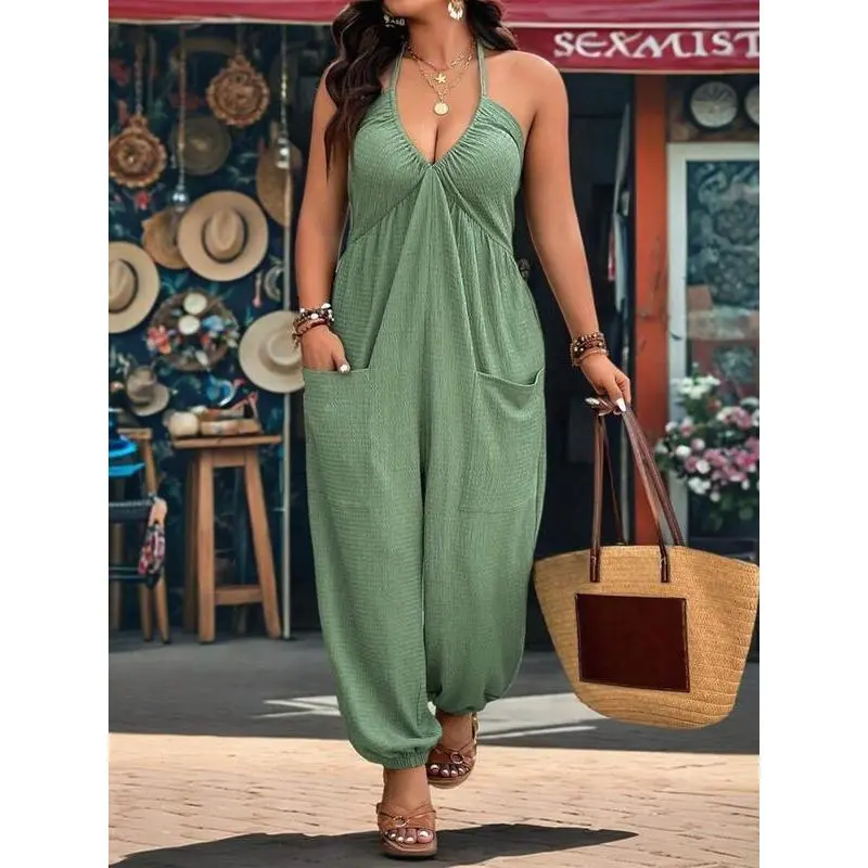 Plus Size Casual Relaxed Fit Jumpsuit, Solid Draped Sleeveless Design with a Cutout Detail and Pockets, Cutout One-Piece Jumpsuits & Rompers