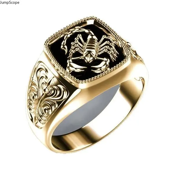 Gold-Plated Men's Ring, Gothic 3D Scorpion Signet with Square Black Enamel Top and Retro Scroll Band, Men's Jewelry, Dark Aesthetic Rings, Rings