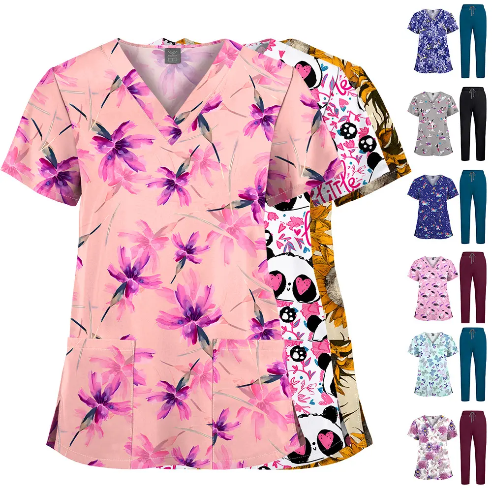 Women's 64001-21 Printed V-Neck Elastic Quick-Dry Workwear Set, Cute Pattern Pediatric Clinic Nurse Scrub Uniform, 64001-21 Set