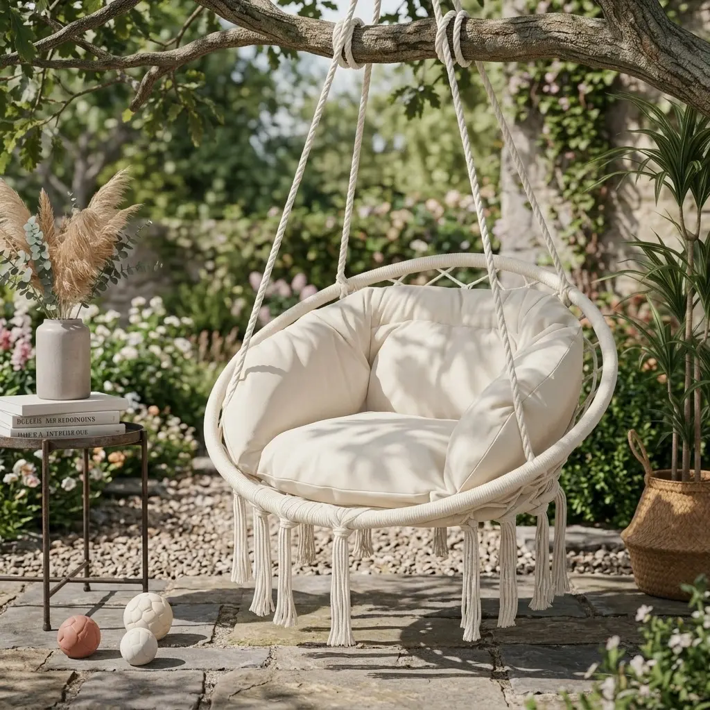 Macrame Hanging Hammock Swing Chair with Large Polyester Padded Cushion, Heavy-Duty 350 Lbs Capacity, Portable Hanging Swing Seat for Indoor Bedroom, Outdoor Porch