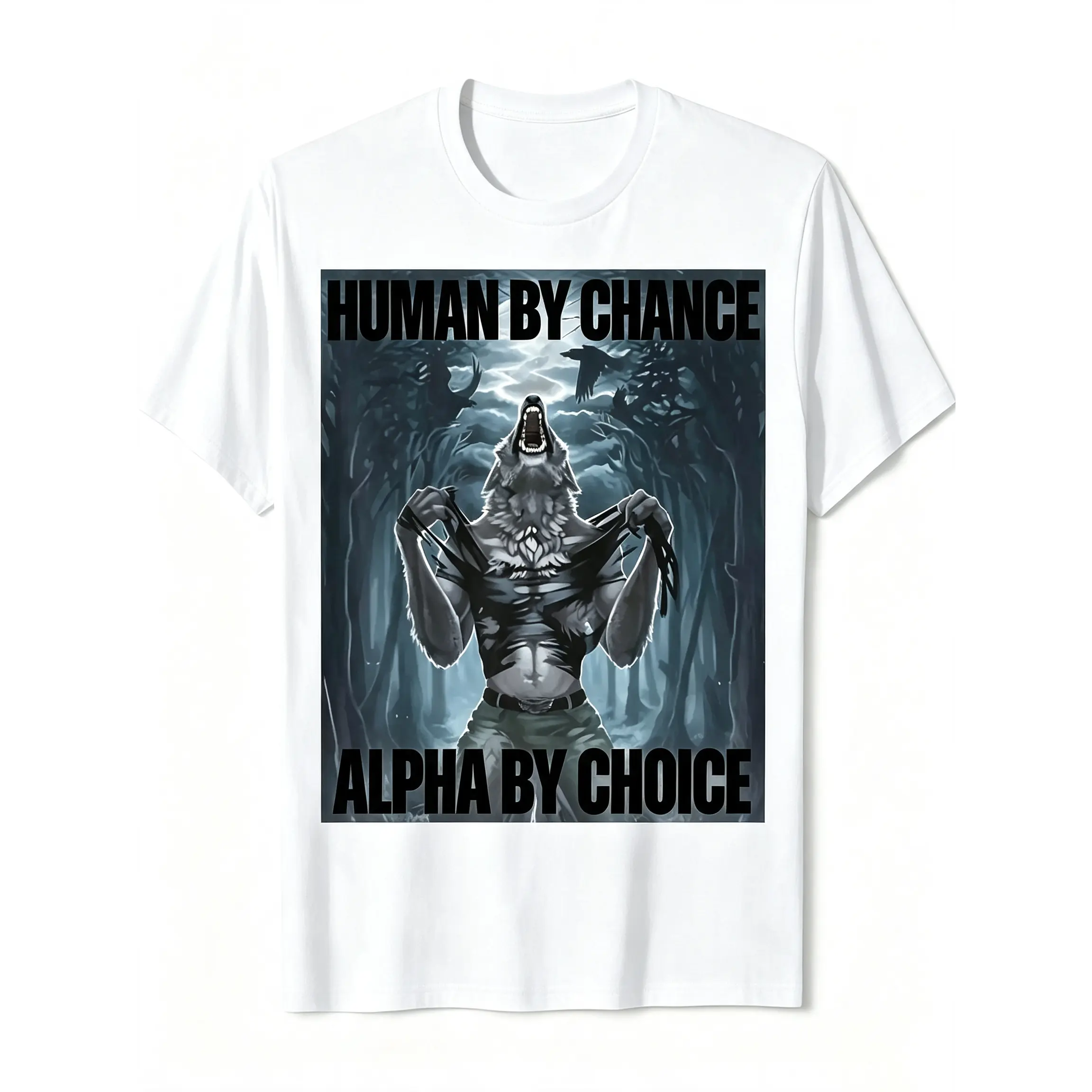 Women's Vintage Round Neck Short-Sleeve Graphic Tee - Funny "Alpha By Choice" Wolf Meme Print, Unisex Casual Streetwear Meme Shirt, Shortsleeve, Top, Tops, Funny Shirts, Unisex Cut, Funny T-Shirts Meme, Wolf Print