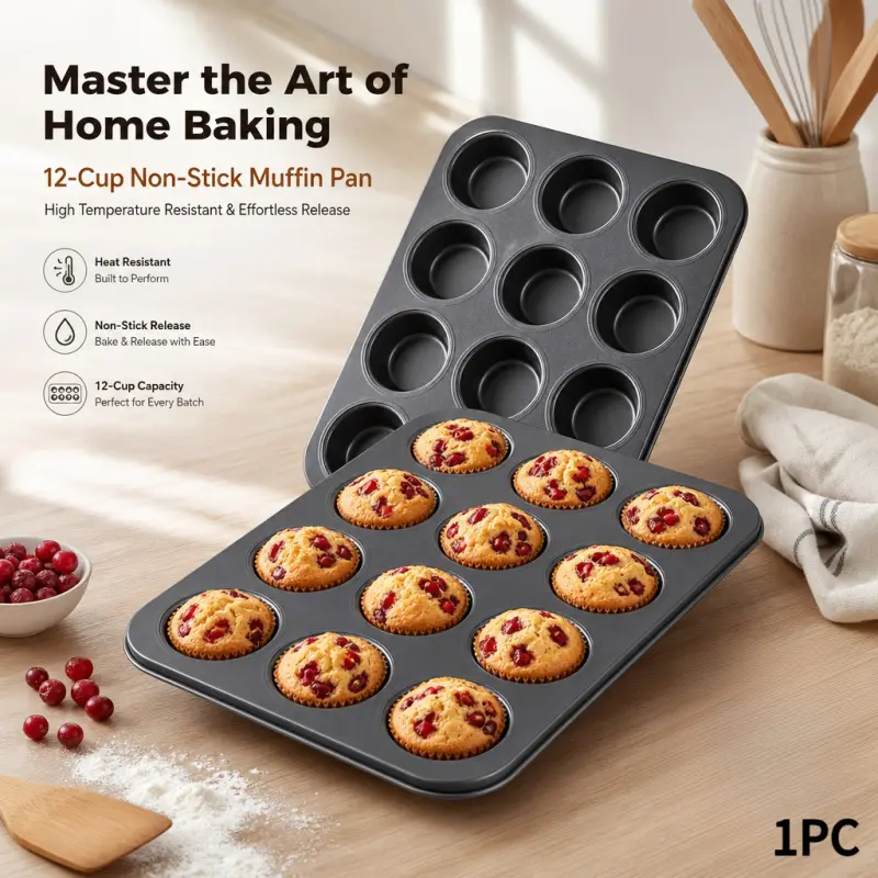 12-Cup Non-Stick Carbon Steel Muffin Pan, High Heat Resistant Oven-Safe Baking Tray for Homemade Cupcakes, Muffins & Mini Cakes