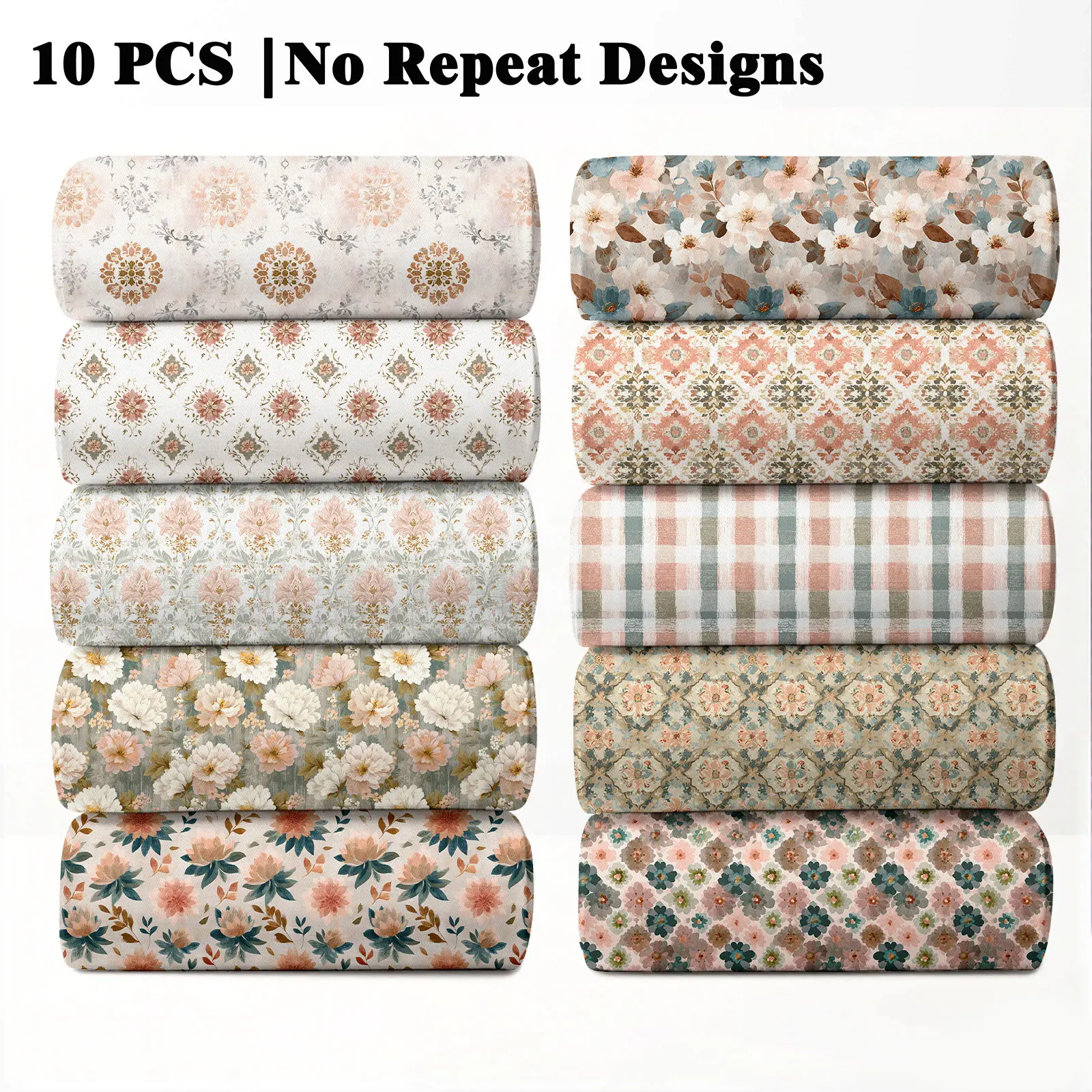 10PCS Soft Boho Floral Print Decorative Fabric, 23x55cm (9x22in) Classic Soft Ethnic Pattern Quilting Home Decor DIY Bohemian Floral Pattern
