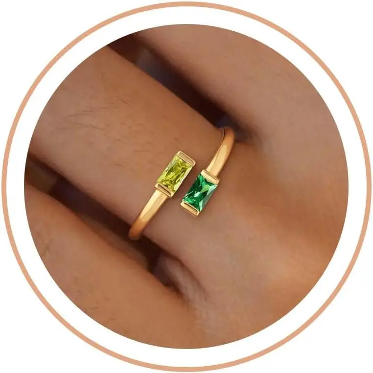 Gold Birthstone Rings for Women Non Tarnish 14K Gold Plated Adjustable Emerald Ring Cubic Zirconia Gemstone Promise Ring for Her Engagement Personalized Waterproof Jewelry Gifts for Birthday