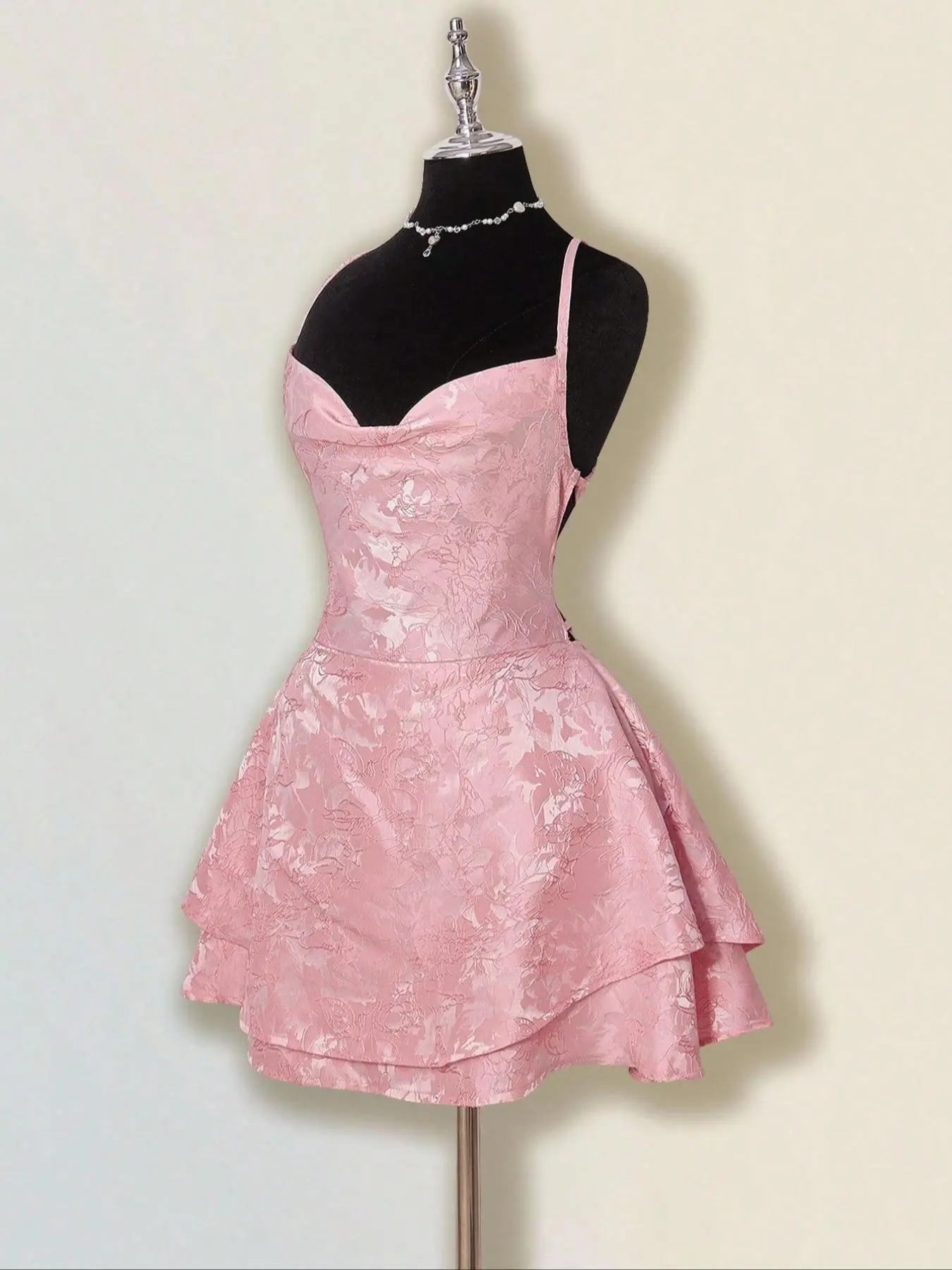 Embossed Floral Halter Neck Thin Strap Two-Layer Ruffle Short Sleeveless Tank Dress  Waist Cinch Sweet Feminine Cute Style Chic  Pure Desire Girl Fashion  Summer Birthday Date Dress