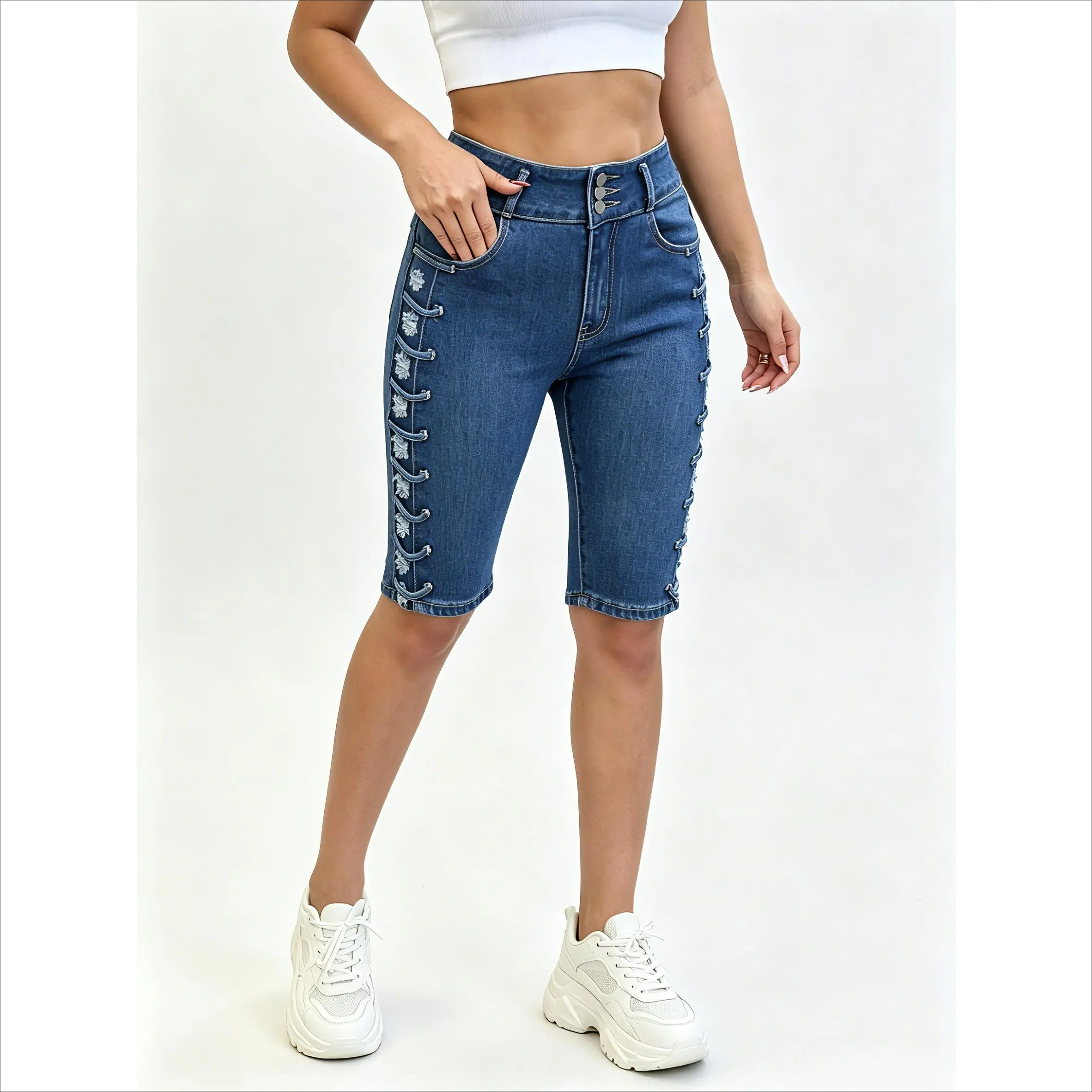 Women's Bermuda Shorts in Chic Ripped Stretchy Cotton Blend Denim with Side Cutout Straps, Knee-Length, Mid-Rise, Plus Size, Party, Holiday, Athletic, Button, Vintage