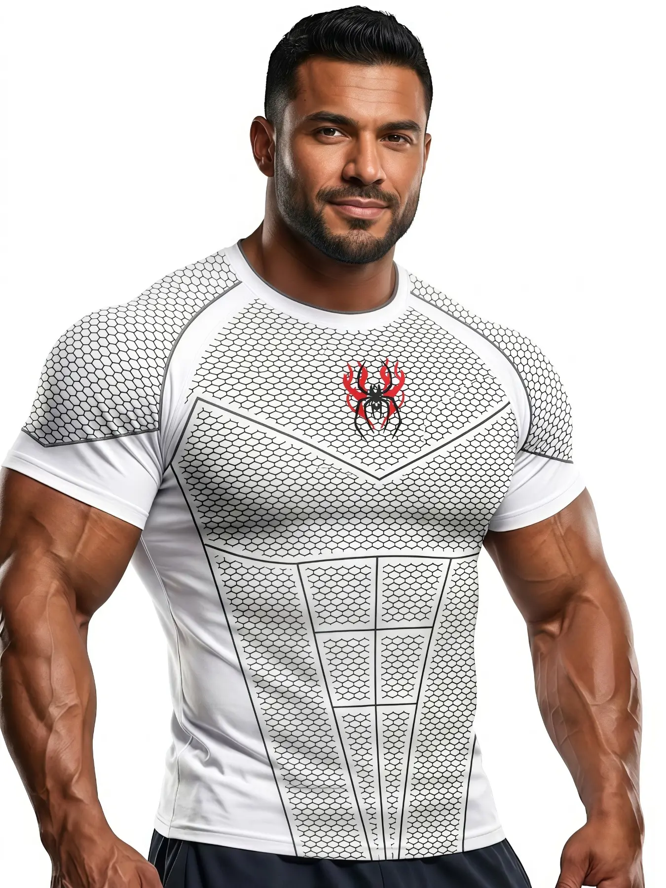Men's Short Sleeve Athletic Compression Shirts, Spider Print, Breathable Mesh, High Stretch, Quick-Dry, Gym Training Apparel