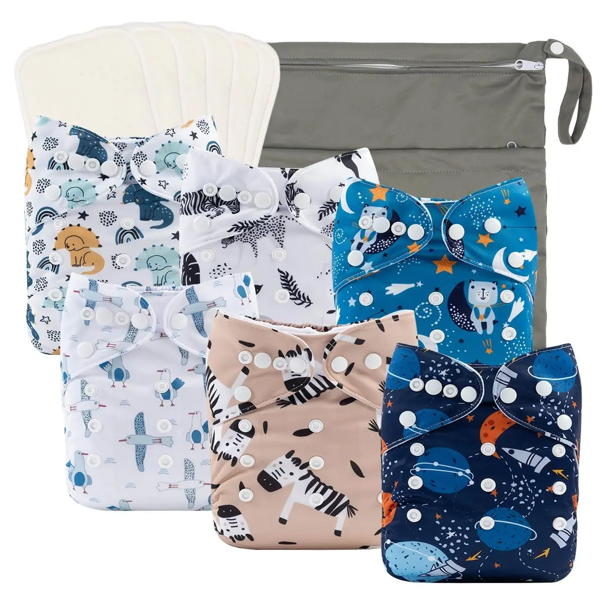 Reusable Cloth Diapers 6 Pack + 6pcs Rayon from Bamboo Inserts + Wet Bag, One Size Adjustable Washable Pocket Nappy Covers for Baby Boys and Girls