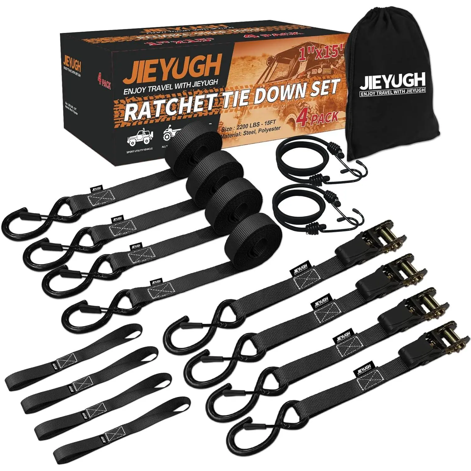 Retractable Ratchet Straps 4 Pack -15 FT - 2,200lb Max Break Strength, Autoretract Duty Ratchet Straps with Safety Lock S, with Padded Handles – Soft Loop Straps