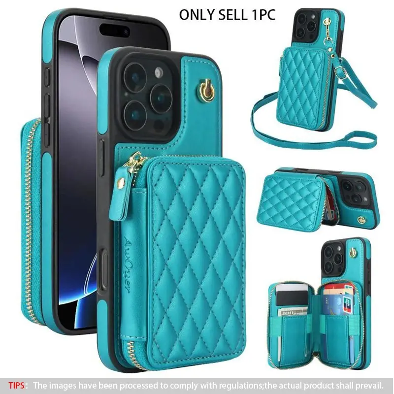Fashionable Quilted Zipper Smartphone Case with Card Slot & Adjustable Hand Strap, Protective Durable PU Leather Phone Cases for iPhone 17 Pro Max 17 Air 16 Pro Max 15 Plus 14 Plus 13 12 11