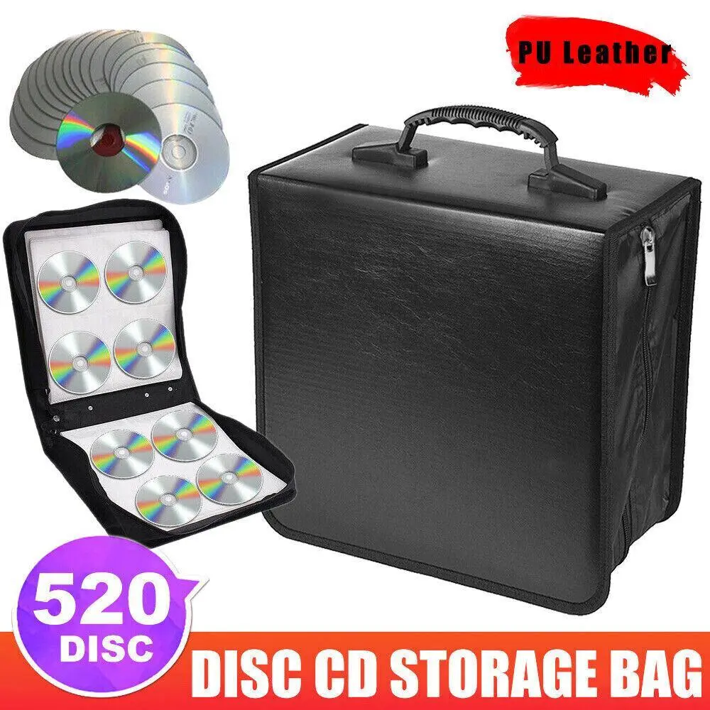 Sturdy 520-Disc CD DVD Blu-Ray Movies Music CDs Storage Binder Bag - Portable Black PU Leather-Non-Woven Fabric Household Organiser with Zipper, Hand Strap, Sleeves for Car/Home Use