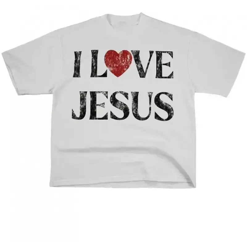 Vintage I Love Jesus Print Short Sleeve T-Shirt Menswear Graphic Round Neck Casual