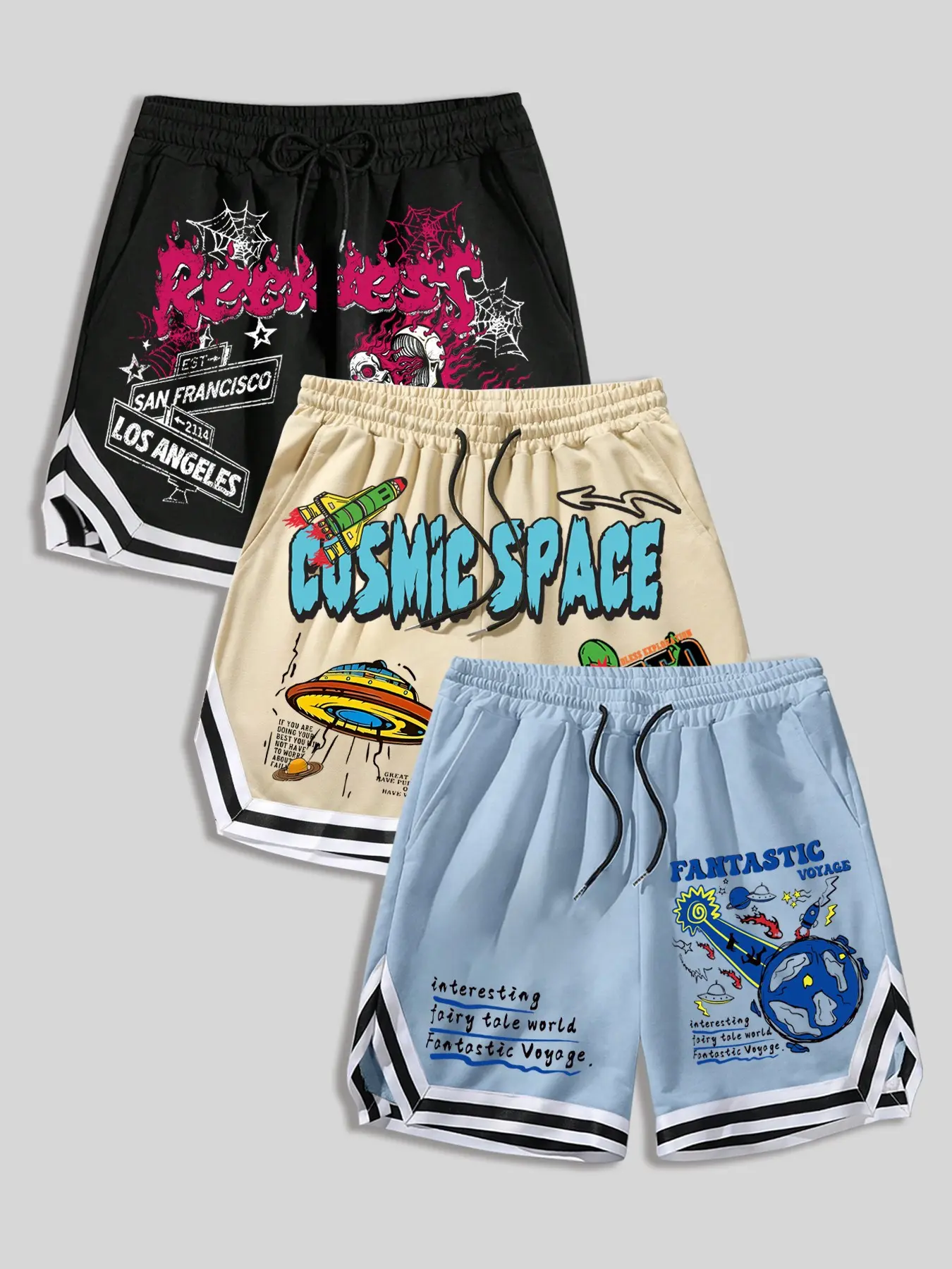 Men's 3 Pack Casual Shorts, Skull Space Cartoon Graffiti Graphic Print, Streetwear Summer Daily Shorts for Men