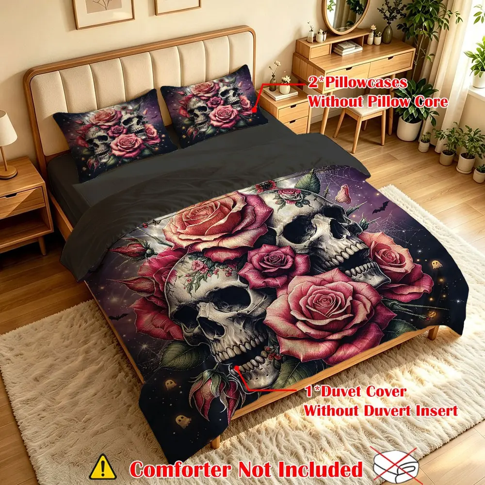 3pcs Gothic Halloween Rose Love Couple Skull Digital Print Bed Set, No Padding, Single & Twin Bed, Bedroom, Dorm, Gift