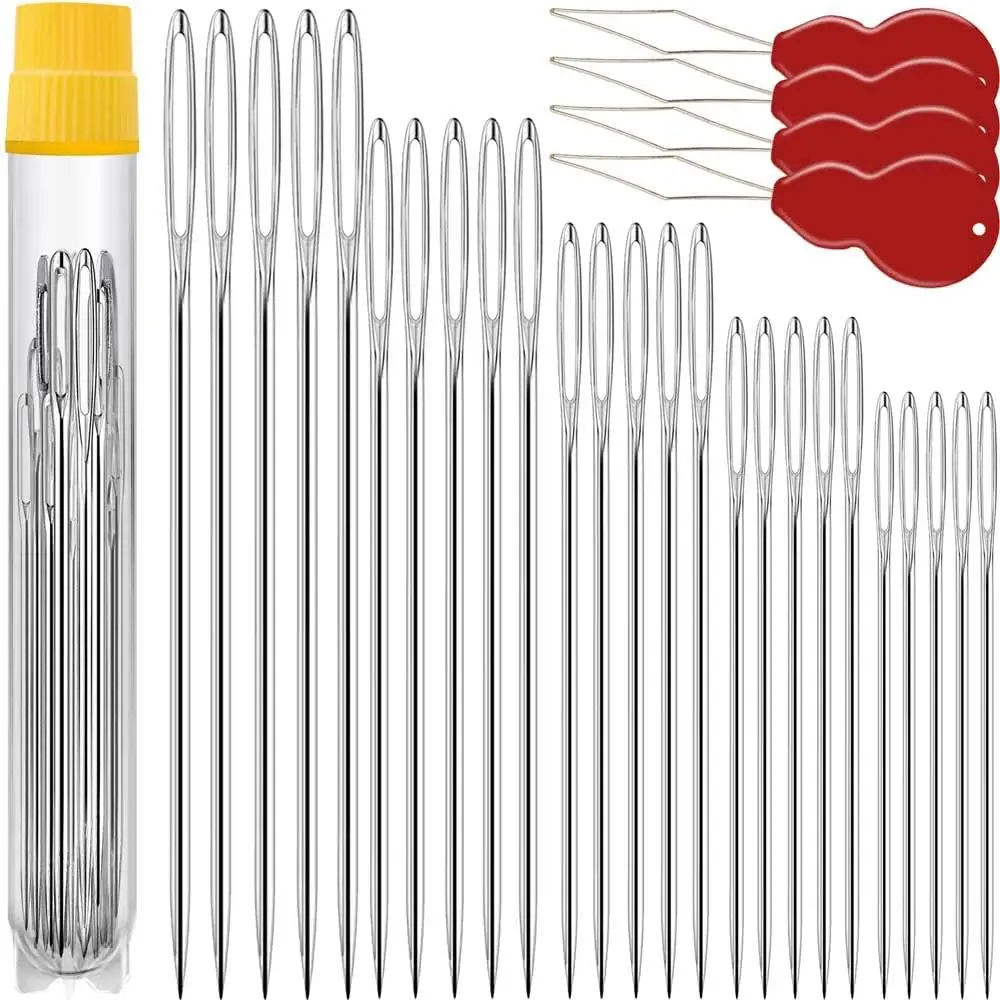 50 count Premium Large Eye Needles for Hand Sewing with 4 Needle Threaders, Assorted Sizes, Embroidery Needles for Hand Sewing, Sewing Needles Large Eye, Big Eye Needle