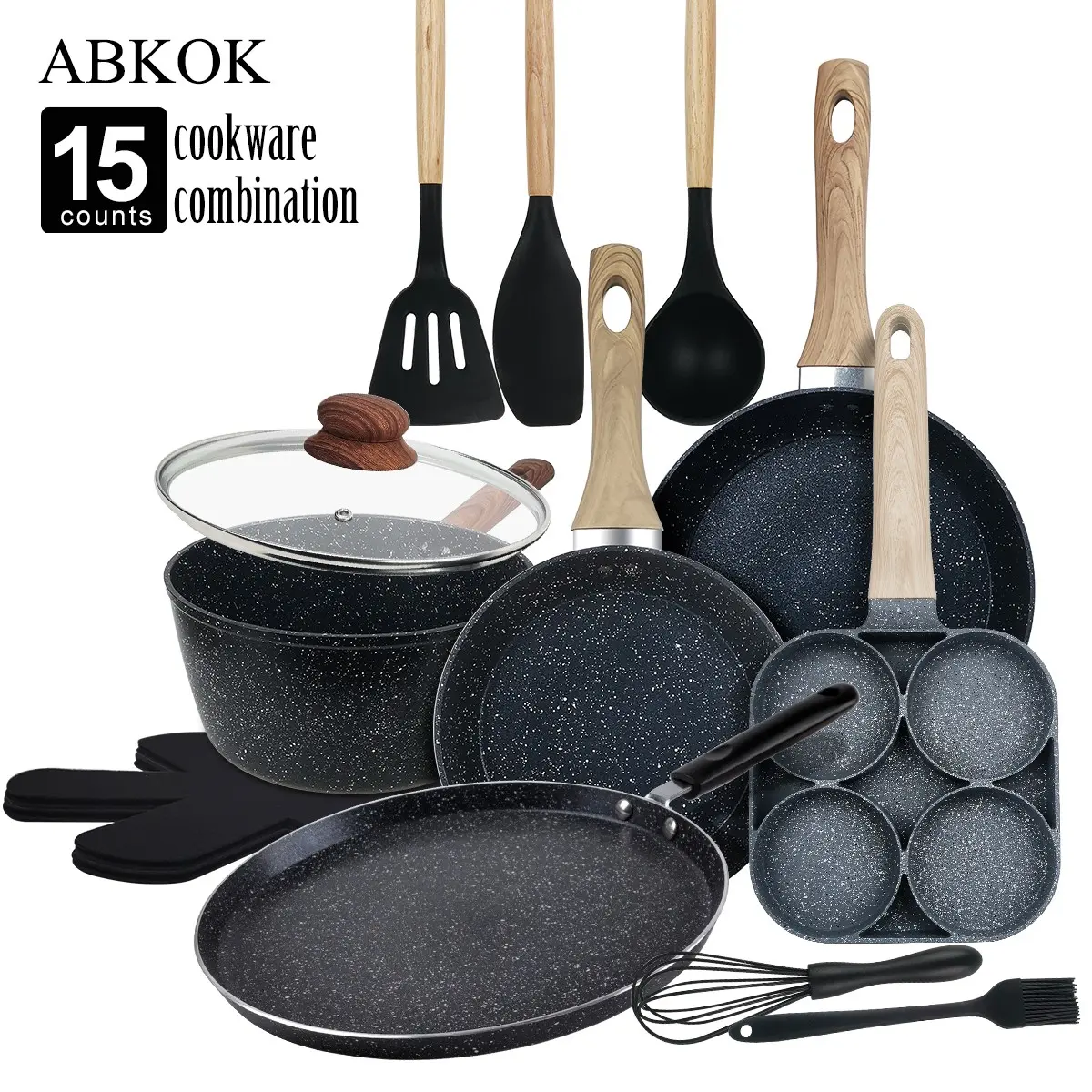 15-Piece Kitchen Utensil Set, Marble Non-Stick, Includes Frying Pan, Soup Pot, Breakfast Egg Pan, Silicone Tools, Suitable for All Stoves, Cookware Sets