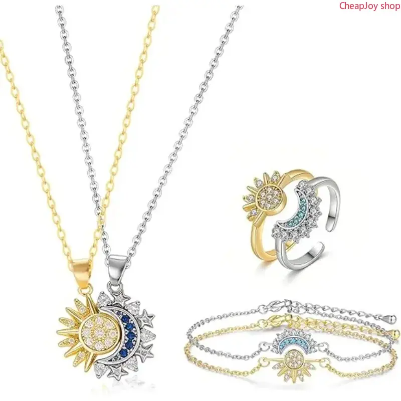 3pcs Sun Moon Matching Jewelry Set for Couples Adjustable Matching Sun and Moon Magnetic Necklace Magnetic Bracelet Ring Set Couple Jewelry Gifts for Him and Her, Party, Love & Back to School