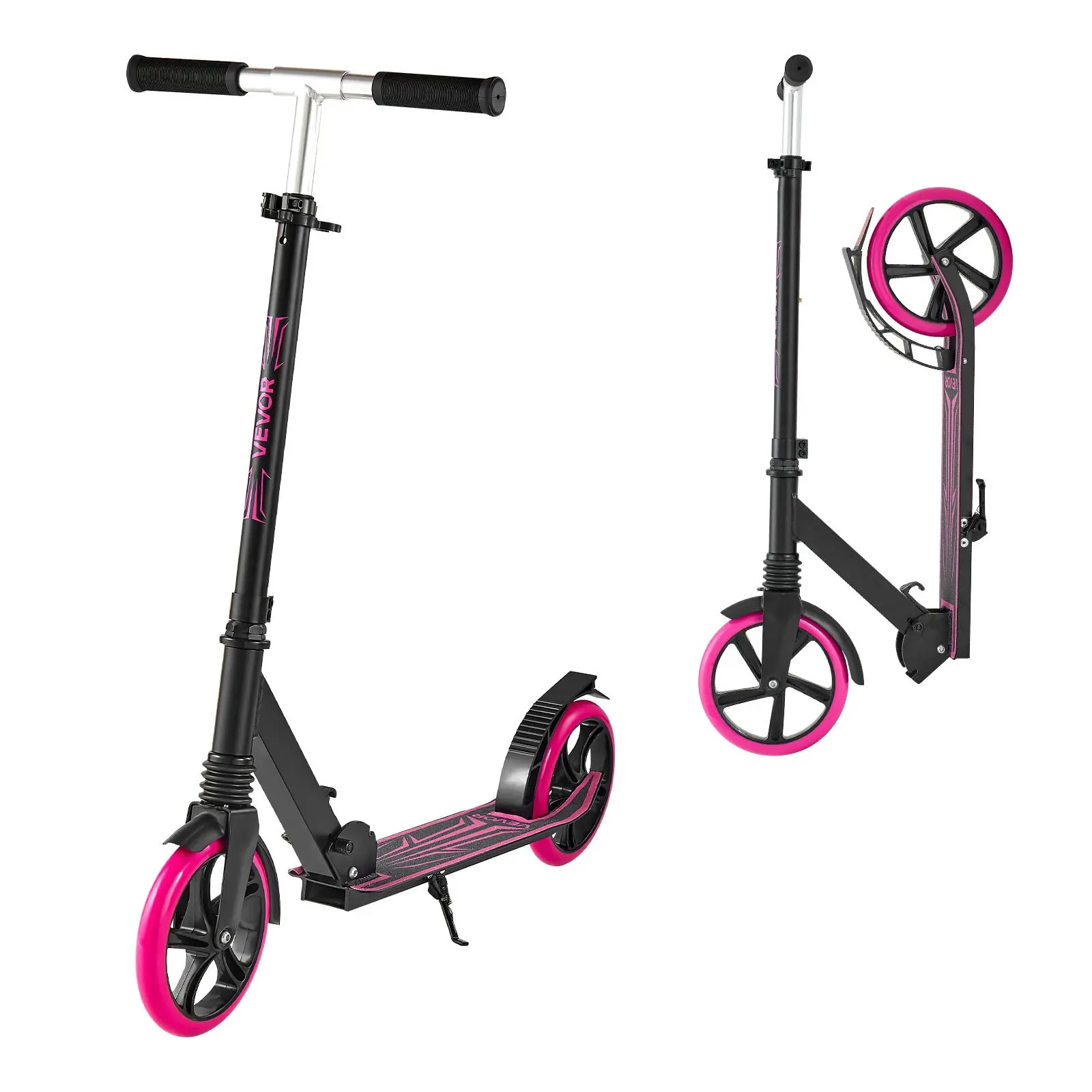 VEVOR Kick Scooter for Kids Ages 8+, Teens & Adults, 2-Wheel Toddler Scooter with Adjustable Height Handlebar, Wide Anti-Slip Deck, Foldable Lightweight Frame for Boys & Girls up to 220 lbs, Pink, 8 Inch, Aluminum, Lean-To-Turn Steering, 7.7 Lbs