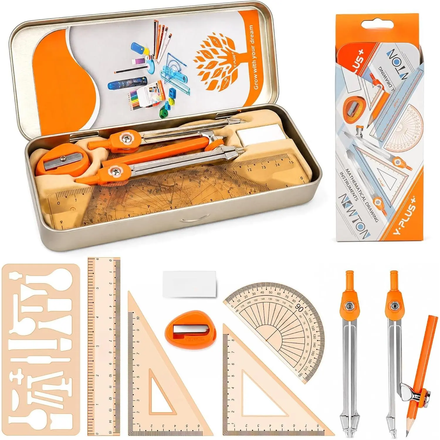 Geometry Set, Protractor and Compass Set for Students, 11 count | Compass Drawing Tool with Metal Case, Protractor, Formula Card, Rulers, Mechanical Pen, School Supplies for Students