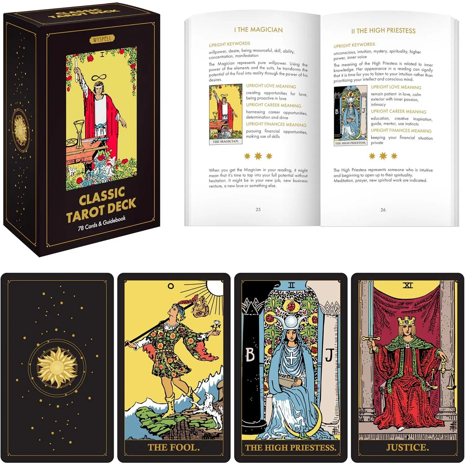 Wyspell Classic Tarot Cards for Beginners - Original Tarot Cards with Guide Book - Beginner Friendly - Traditional Tarot Deck (Dark)