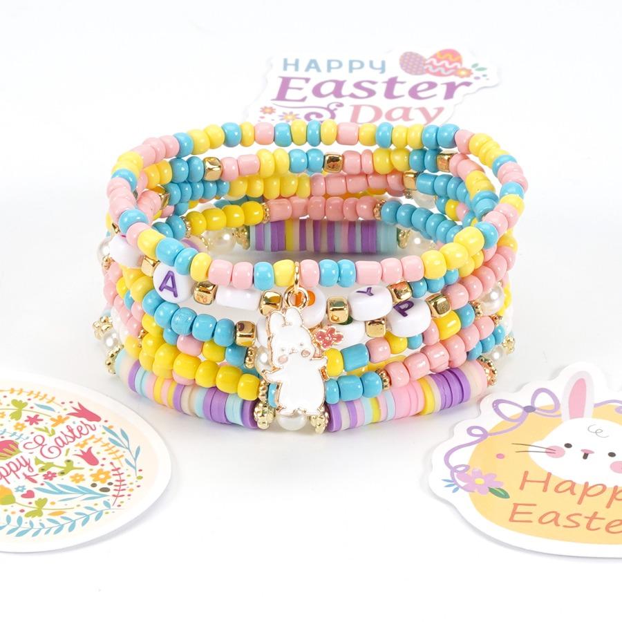 Easter Bracelet Rabbit Pendant Rice Bead Multi-layer Bracelet, Easter Bracelet Easter Rabbit Egg Soft Pottery Beaded Bracelet, Holiday Party Bracelet