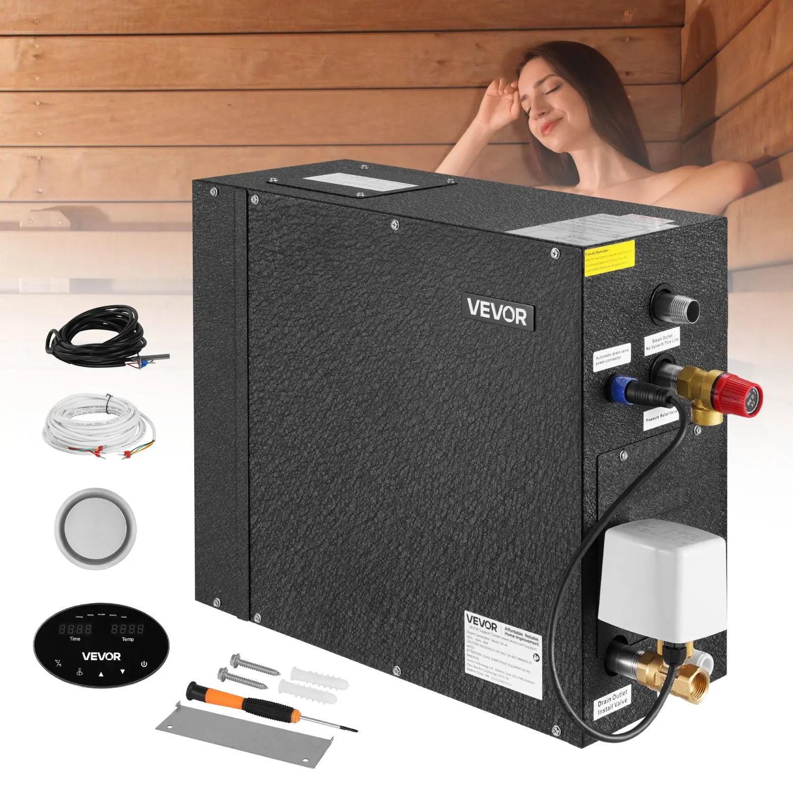 VEVOR 4 kW Steam Generator with Controller, 220-240V Home Sauna Bath Spa System, 26.24 lb Stainless Steel Commercial Unit with Auto Drain Kit, Overheat/Dry-Run/Overpressure Protection, 10 Min-24h Efficiency, Black, 19.09x7.28x14.96in