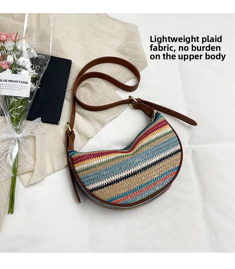 Summer Woven Bag for Women – New Style Large Capacity Cross-body Bag with Shoulder Strap – Rainbow Stripes Dumpling-Shaped Woven Fabric Tote for Daily Commuting
