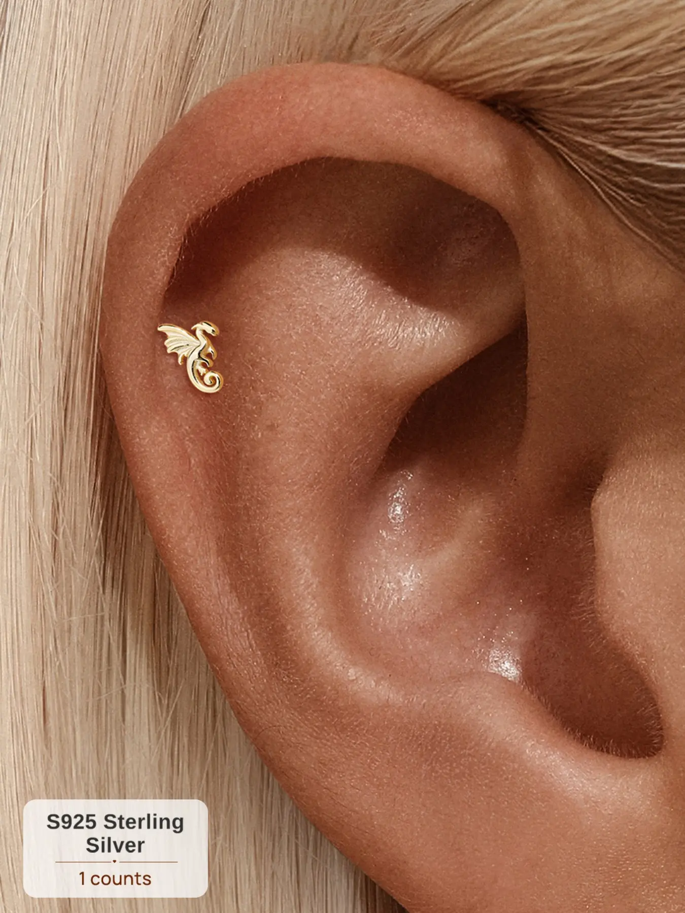 18K Gold Plated S925 Sterling Silver Polished Smooth Flying Dragon Threaded Flat Back Cartilage Earring, Statement Earrings, Hypoallergenic for Sensitive Ears Helix Conch Tragus Piercing Cool Ear Stack Jewelry for Daily Wear Date Party Music Festival
