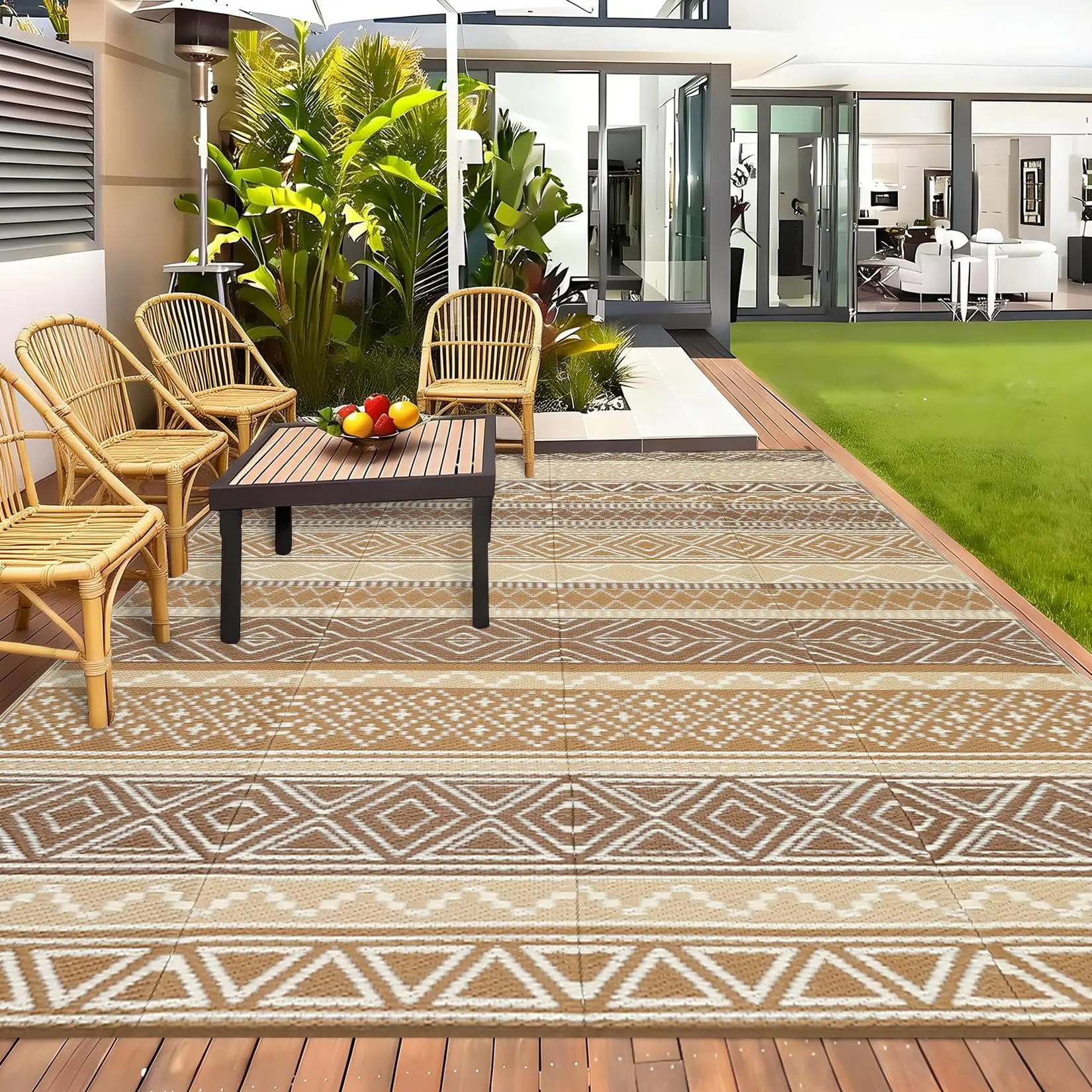 【GARVEE】Waterproof Outdoor Rug 8x10 – Reversible Patio Rug, Portable Plastic Straw Rugs for Camping – Outdoor RV Mat for Camper – Large Outdoor Rugs for Backyard, Picnic, Beach, Deck, Porch, Balcony – Brown/Tan