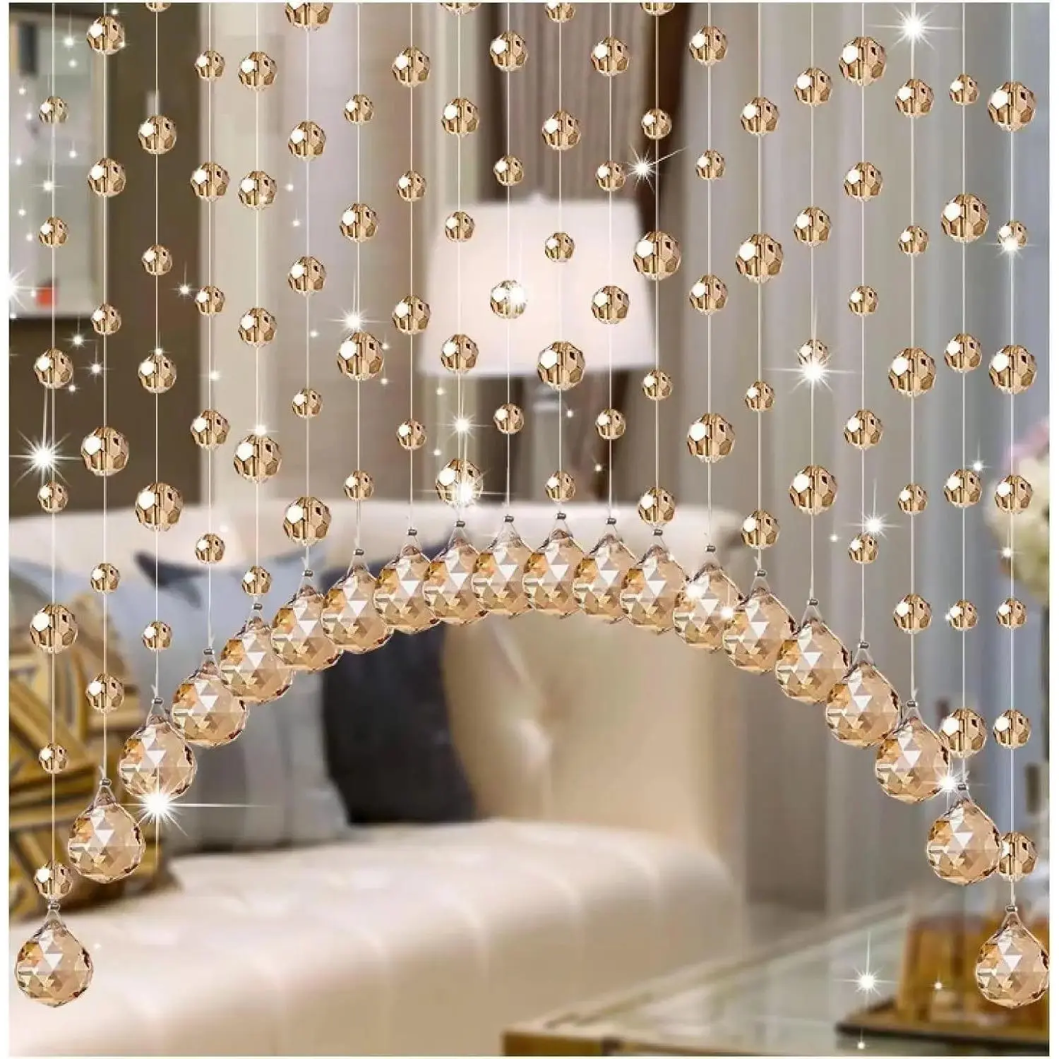 20-Strand Champagne Crystal Bead Curtains - Sparkling Arch-Shaped Door String Curtain, Hanging Doorway Room Divider for Home, Coffee House, Sparkling Curtains