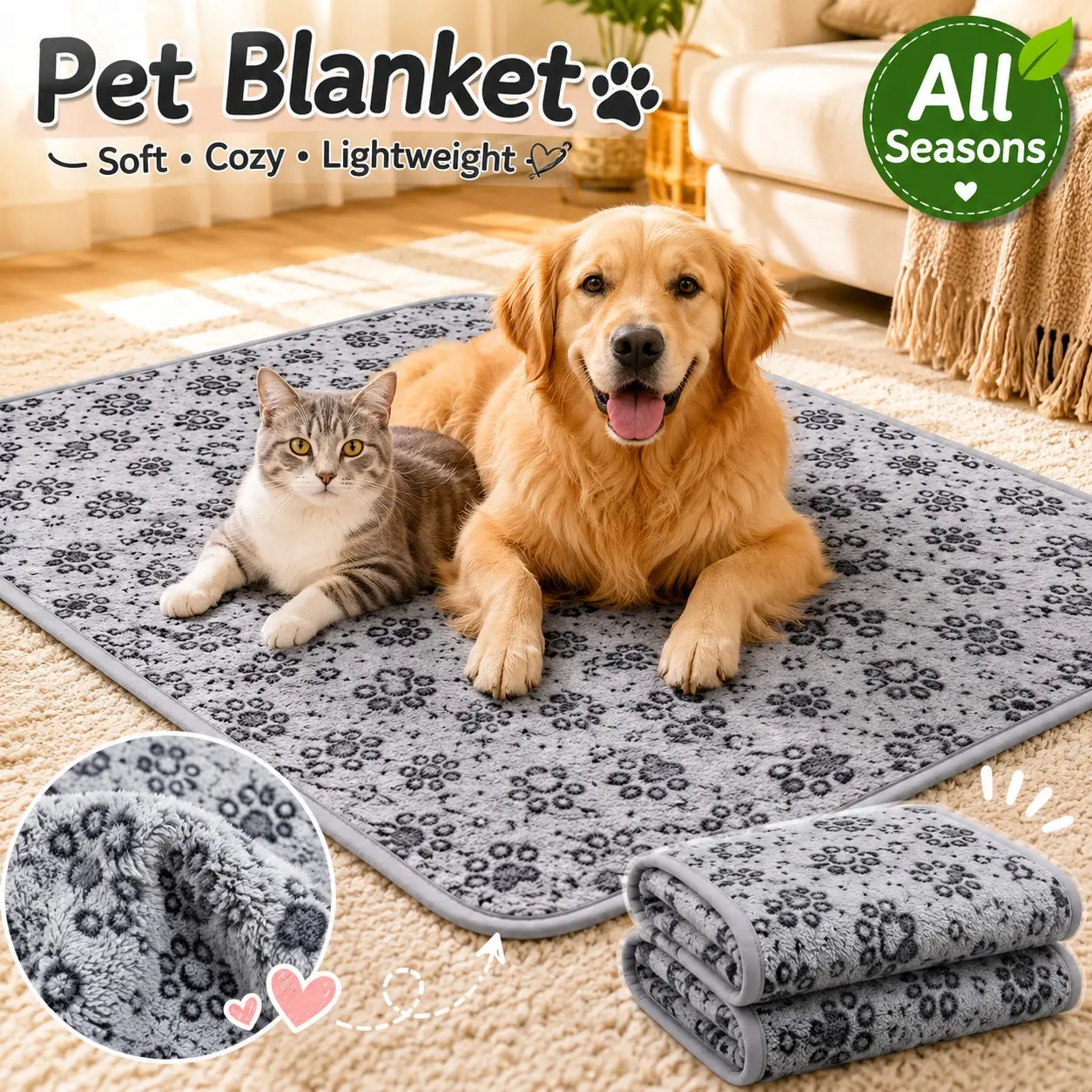 Pet Blanket for Dogs & Cats, Soft Fleece Paw Print Mat, Waterproof Furniture Protector, Lightweight Washable Pet Throw, Home