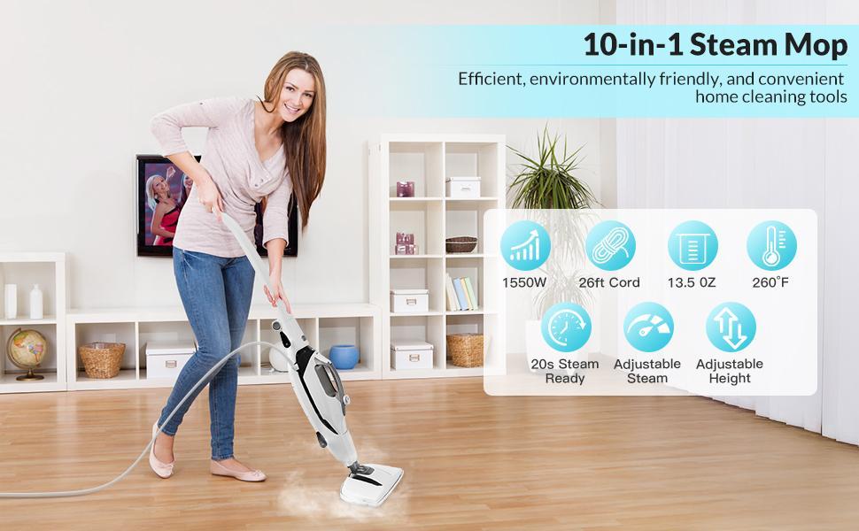 GLEEHILL 10-in-1 Steam Mop Kit with 1550W Rapid Heating Detachable Handheld Steamer for Carpet Floor Tile Grout 8m Cord Multi-Surface Cleaner Eco-Friendly Chemical-Free