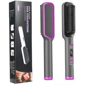 Hair Straightener Brush with LCD Display, 10s Fast Heating, Negative Ions, 5 Heat Settings, Anti-Scald Design, Salon-Grade Straightening Comb for Women & Men - Smooth