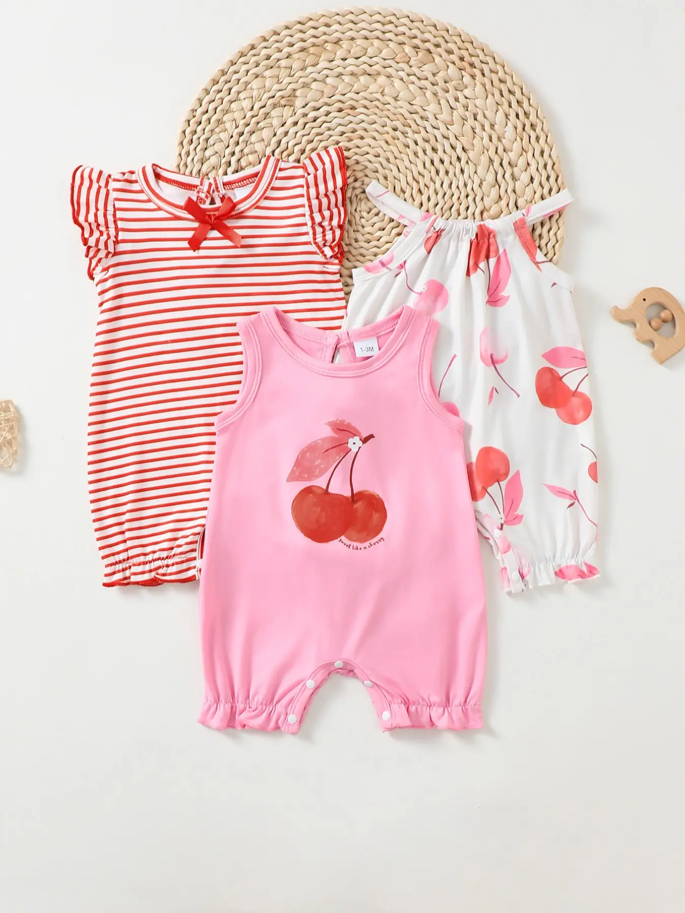 3-Piece Baby Girls' Sleeveless Romper Set, Infant Jumpsuit, Newborn Outfits, Sweet Cherry & Striped Print, Bowknot Decoration, Ideal for Summer Beach Vacation, Casual Daily Wear