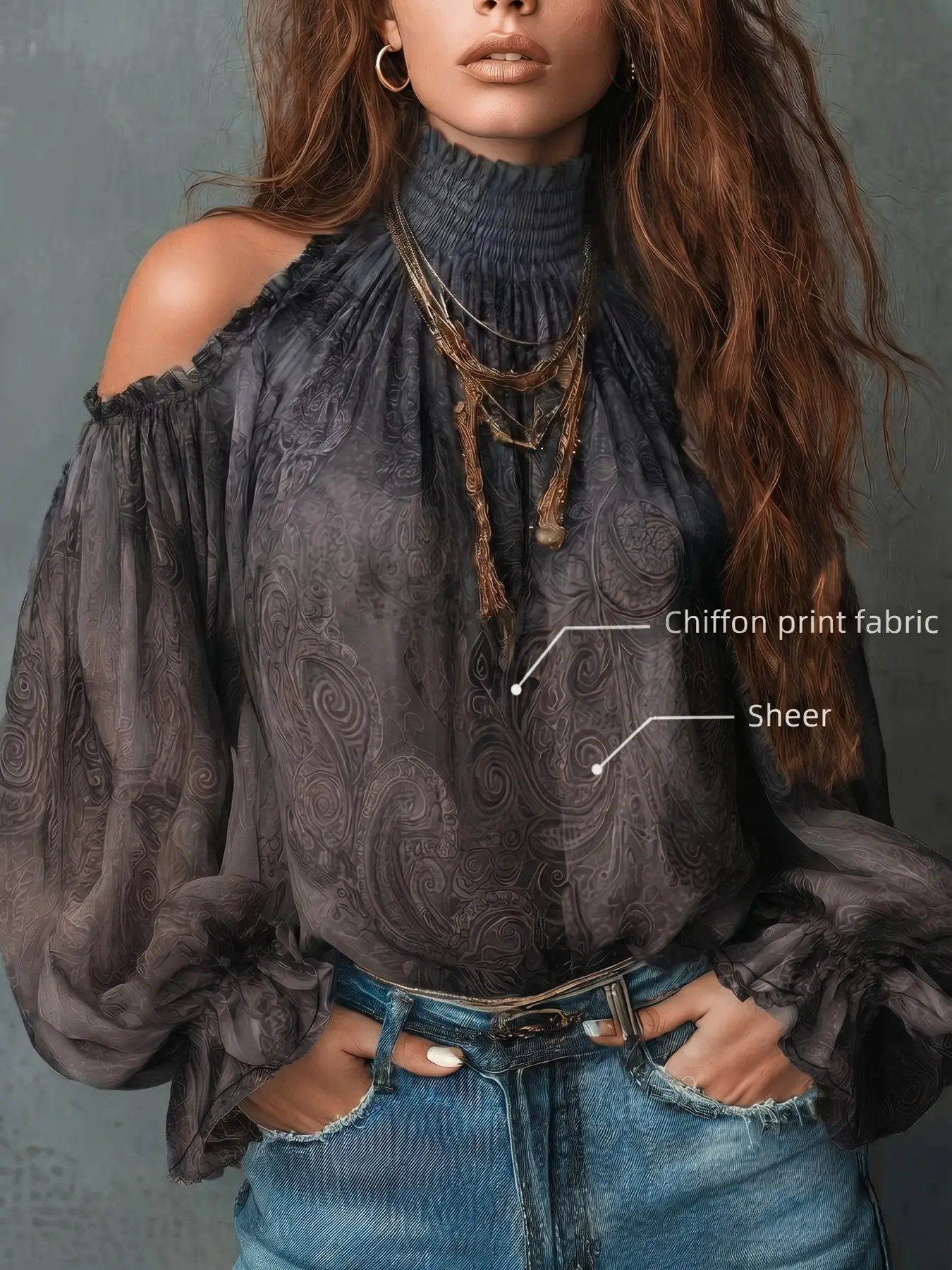Women's Vintage Off-Shoulder Printed Paisley Loose Blouse Shirt Top, Elegant Retro Design for Casual, Formal or Everyday Wear, Unique Fashion Piece