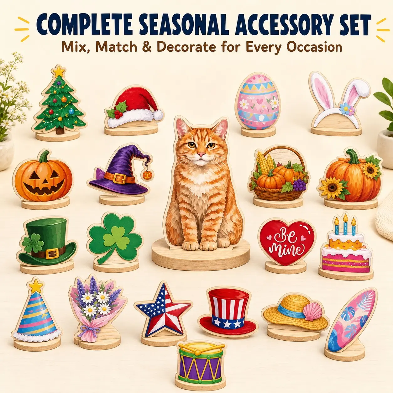 27PCS/set Cat Wooden Replacement Decor Set, Seasonal Magnetic Hats & Accessories, DIY Farm Animal Desk Stand, Holiday Party Home Office Decoration Accessories, Birthday Gift