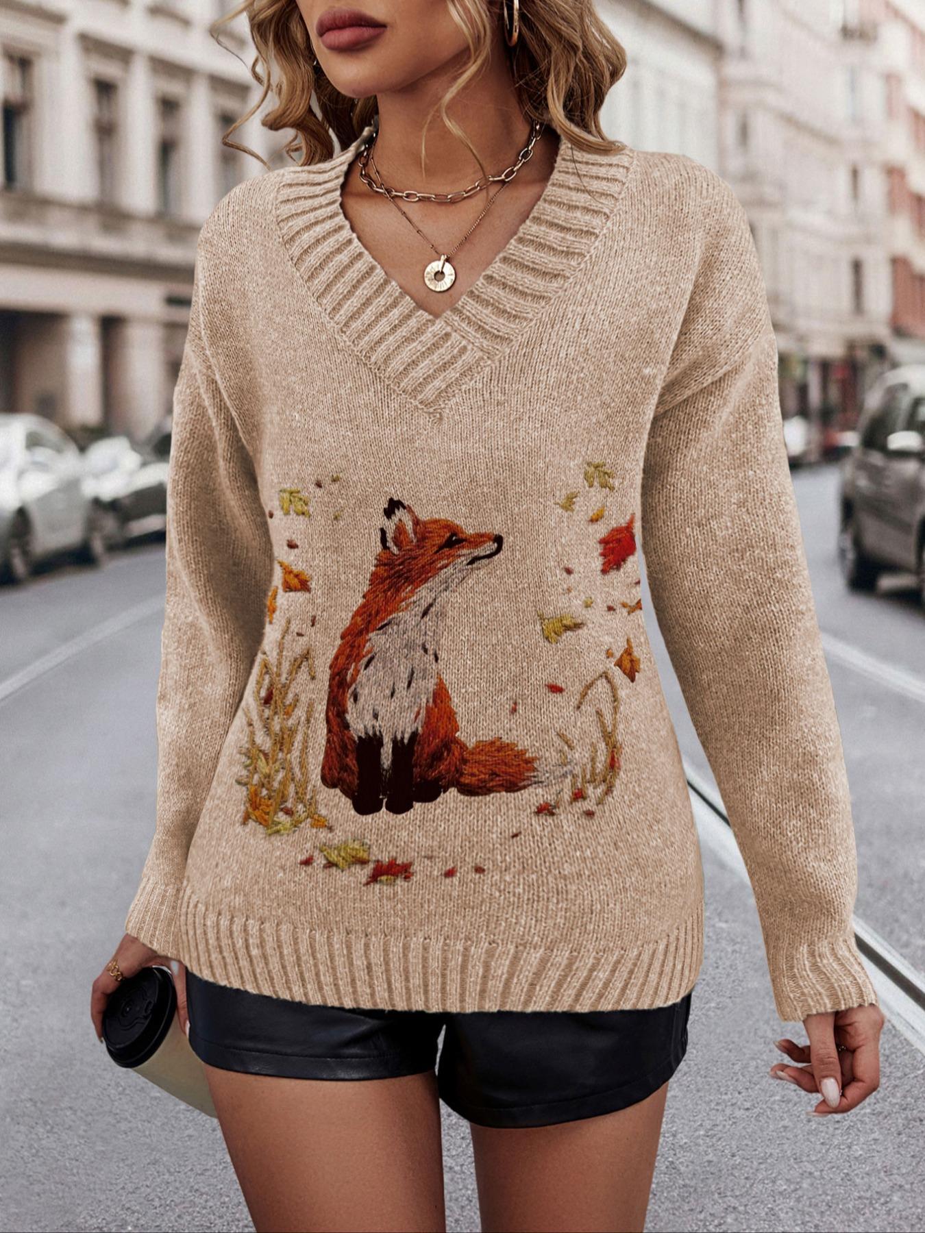 Women's Fox Print Drop Shoulder Sweater, Casual Long Sleeve V Neck Jumper for Fall & Winter, Fashion Ladies' Knitwear for Daily Wear