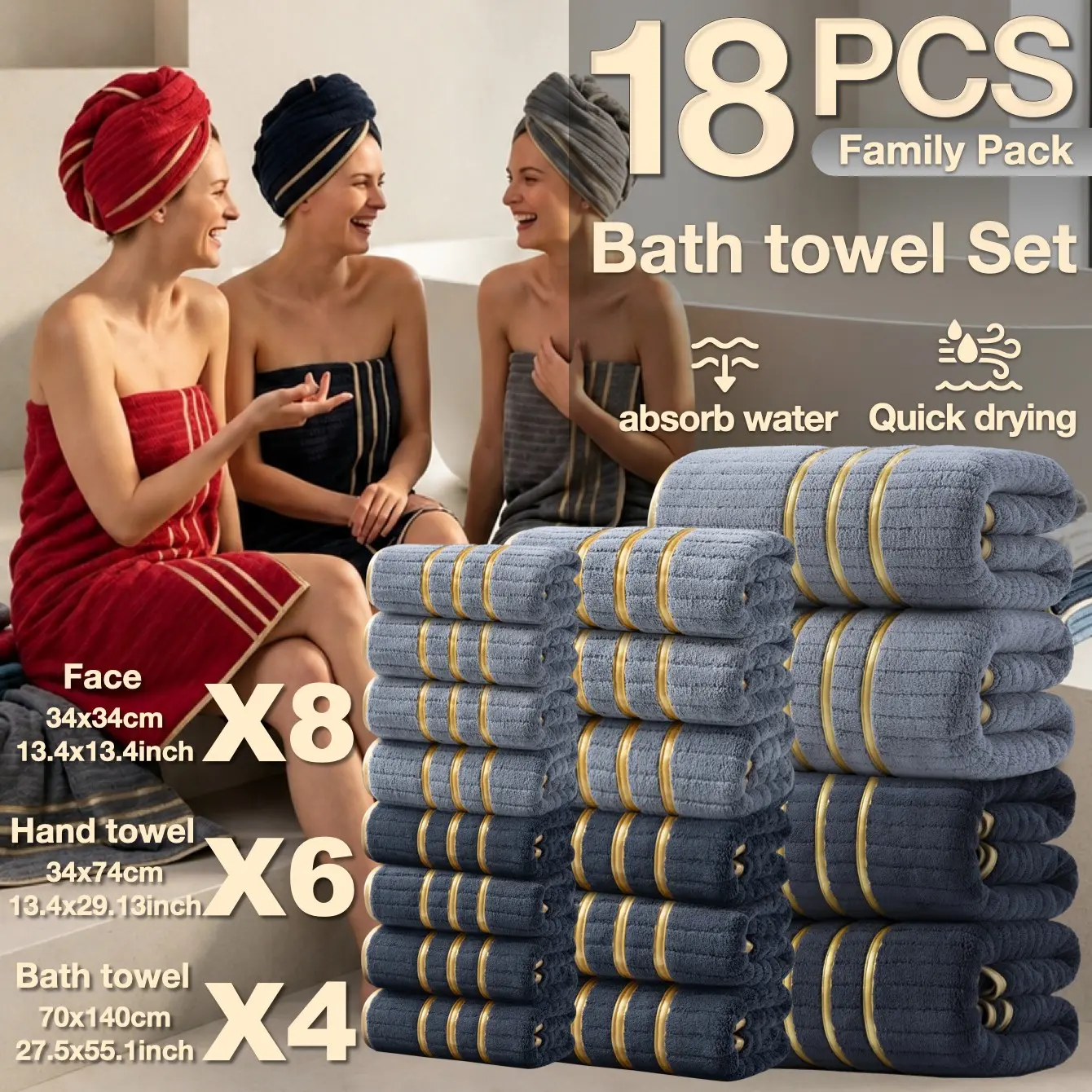 18-Piece Luxury Minimalist Gold Embroidered Towel Set, Ultra-Soft High-Density Fiber, Quick-Dry, Quick Drying Towels, Hotel-Quality, Essential for Spa & Home