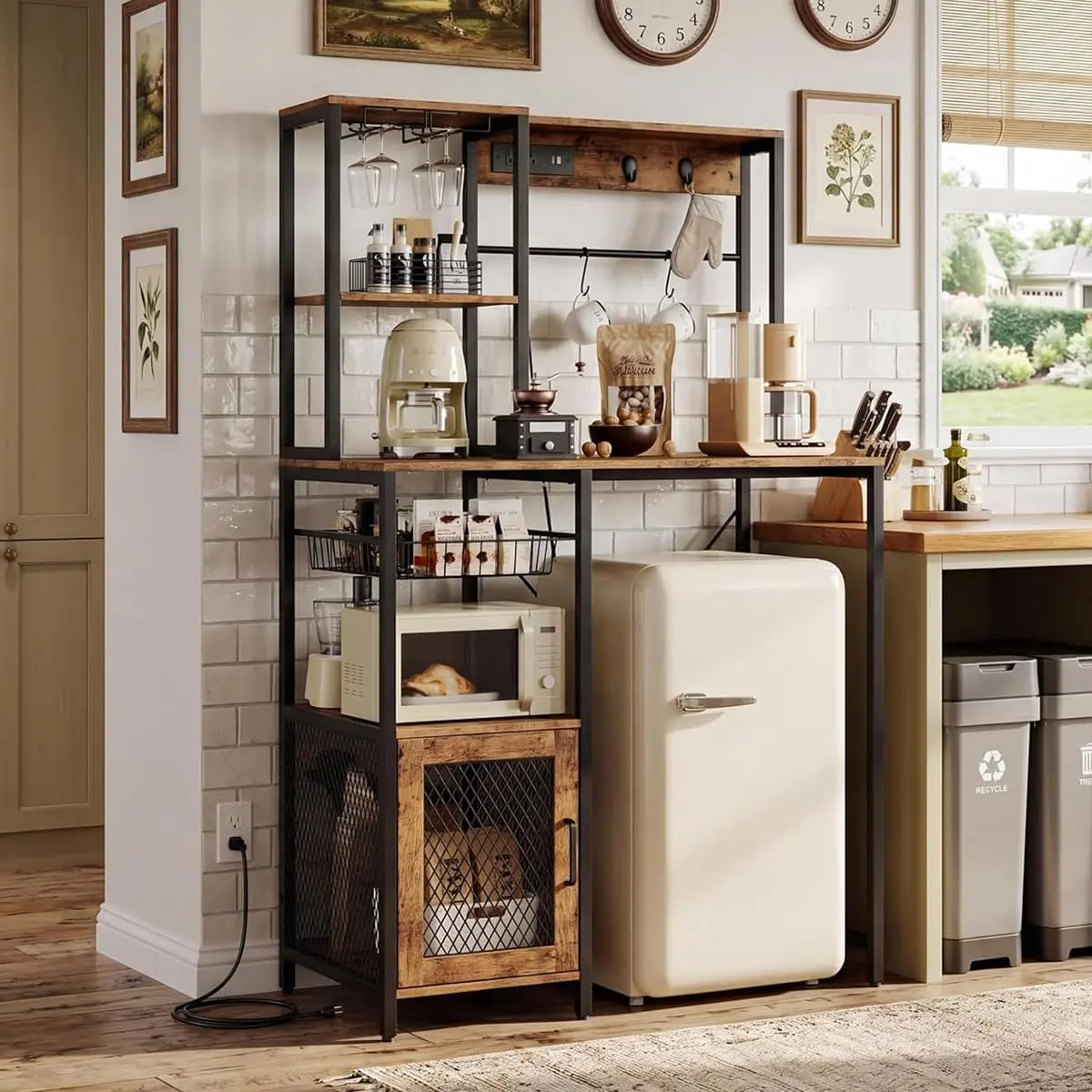 Industrial Microwave Stand with Outlet & Refrigerator Shelf – Rustic Kitchen Storage Rack with Power Strip