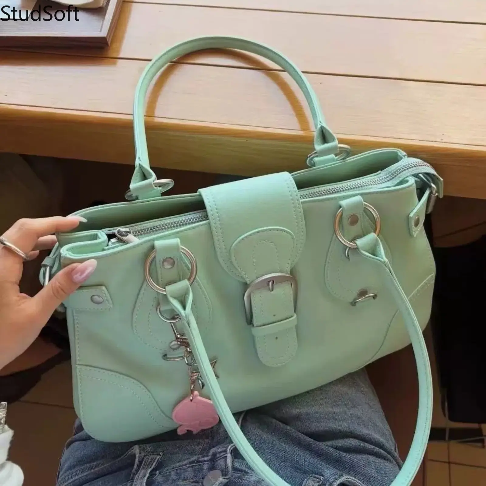 Y2K Mint Green Tote Bag for Women, Trendy Top Handle Shoulder Purse with Wide Belt Buckle Charm, Fashionable Zipper Satchel Daily Casual Travel Gift,back to school,back to school haul