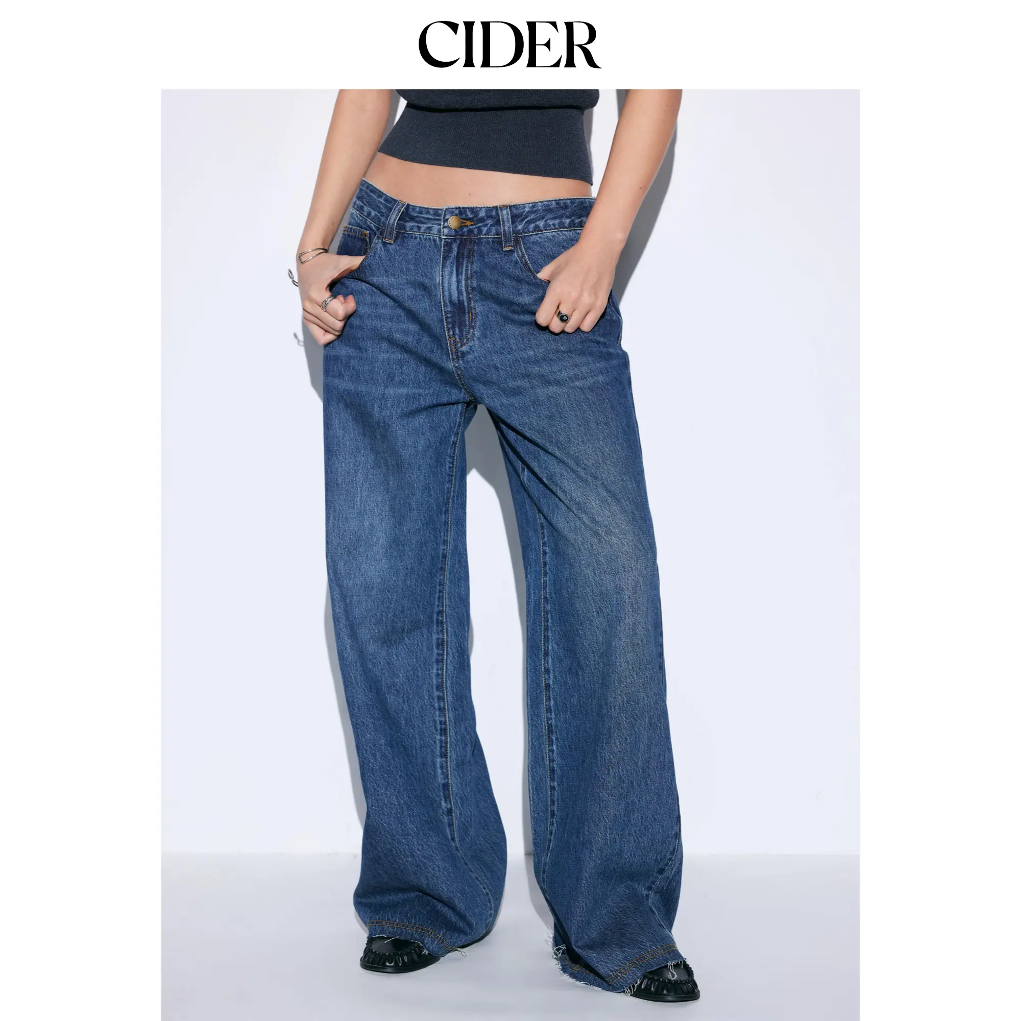 Cider Washed Denim Mid Rise Straight Leg Jeans