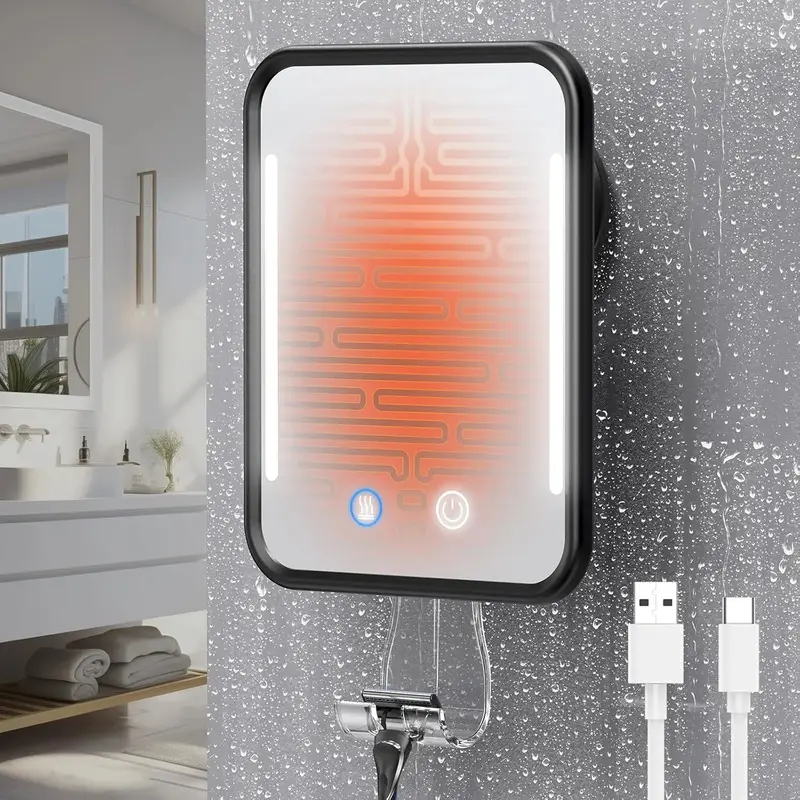 Modern Fogless Heat Heated Shower Mirror with LED Lights, 5000mAh Rechargeable, Detachable Suction Cup, Razor Holder, No-Drilling Indoor Bath Bathroom Gadget - Black, Synthetic
